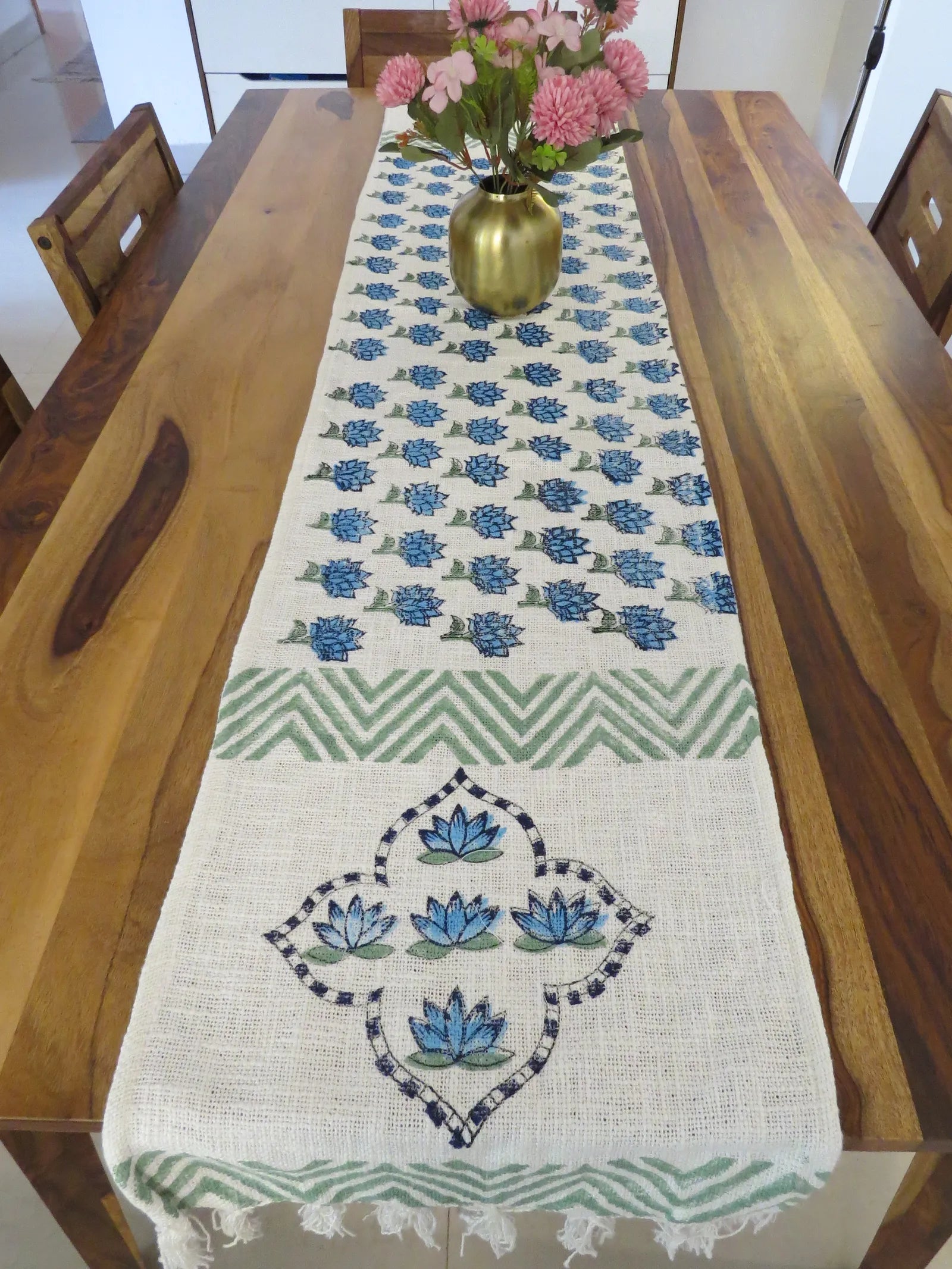 Blue Floral Handblock TNT Cotton Table Runner image 1