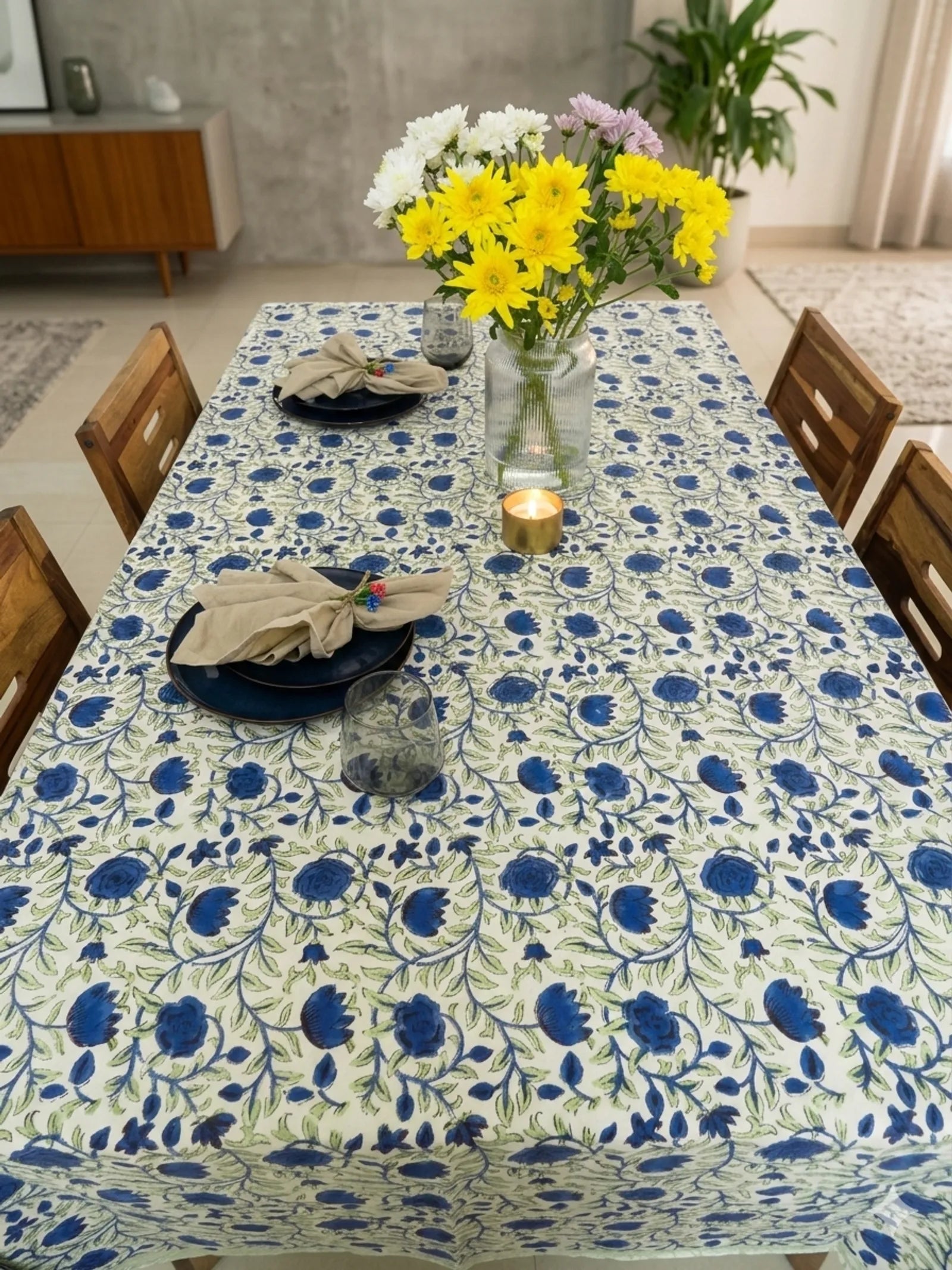Blue Floral Jal Handblock Cotton Table Cover image 1