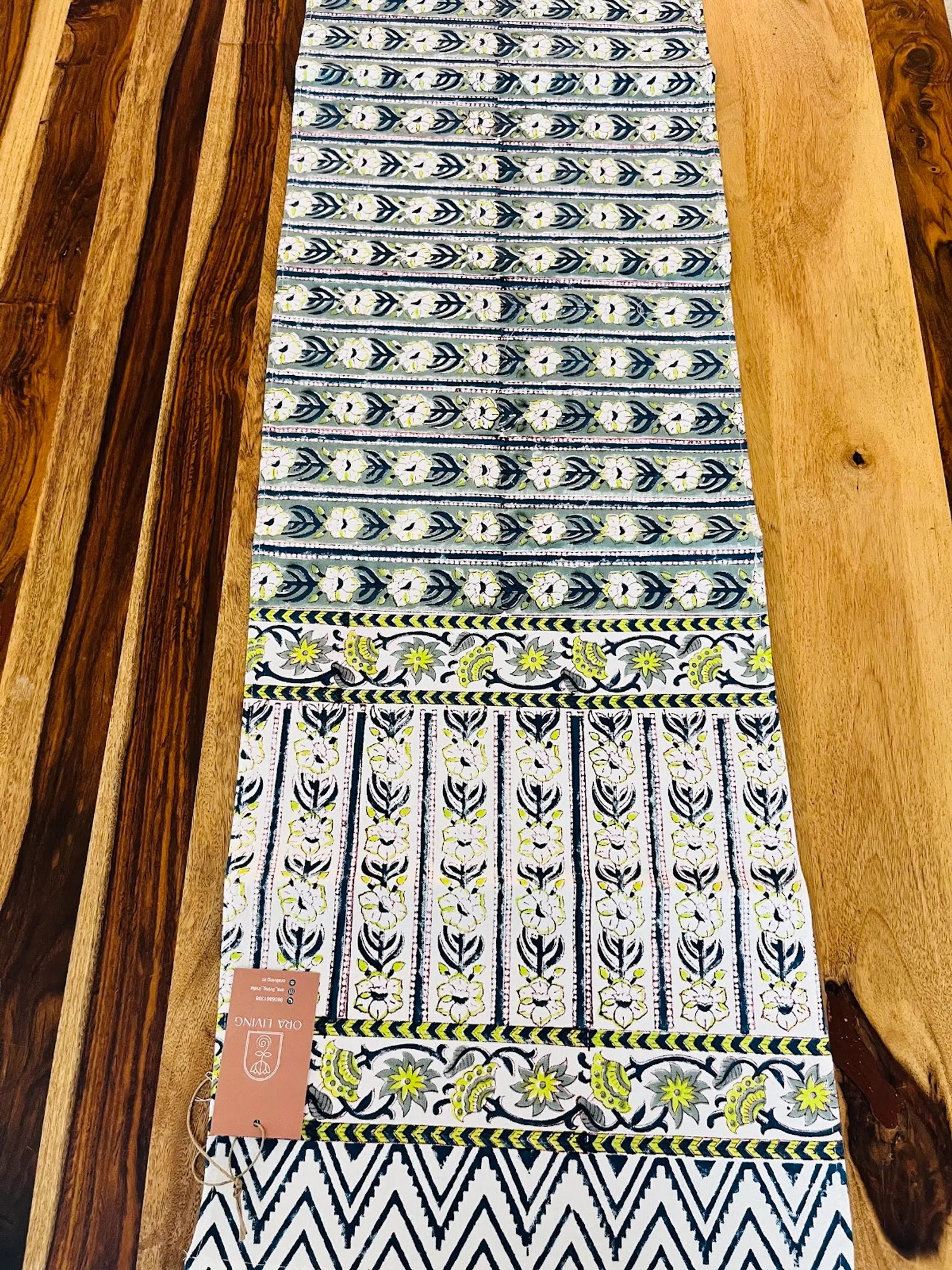 Blue Floral Stripe Handblock Canvas Cotton Table Runner image 1