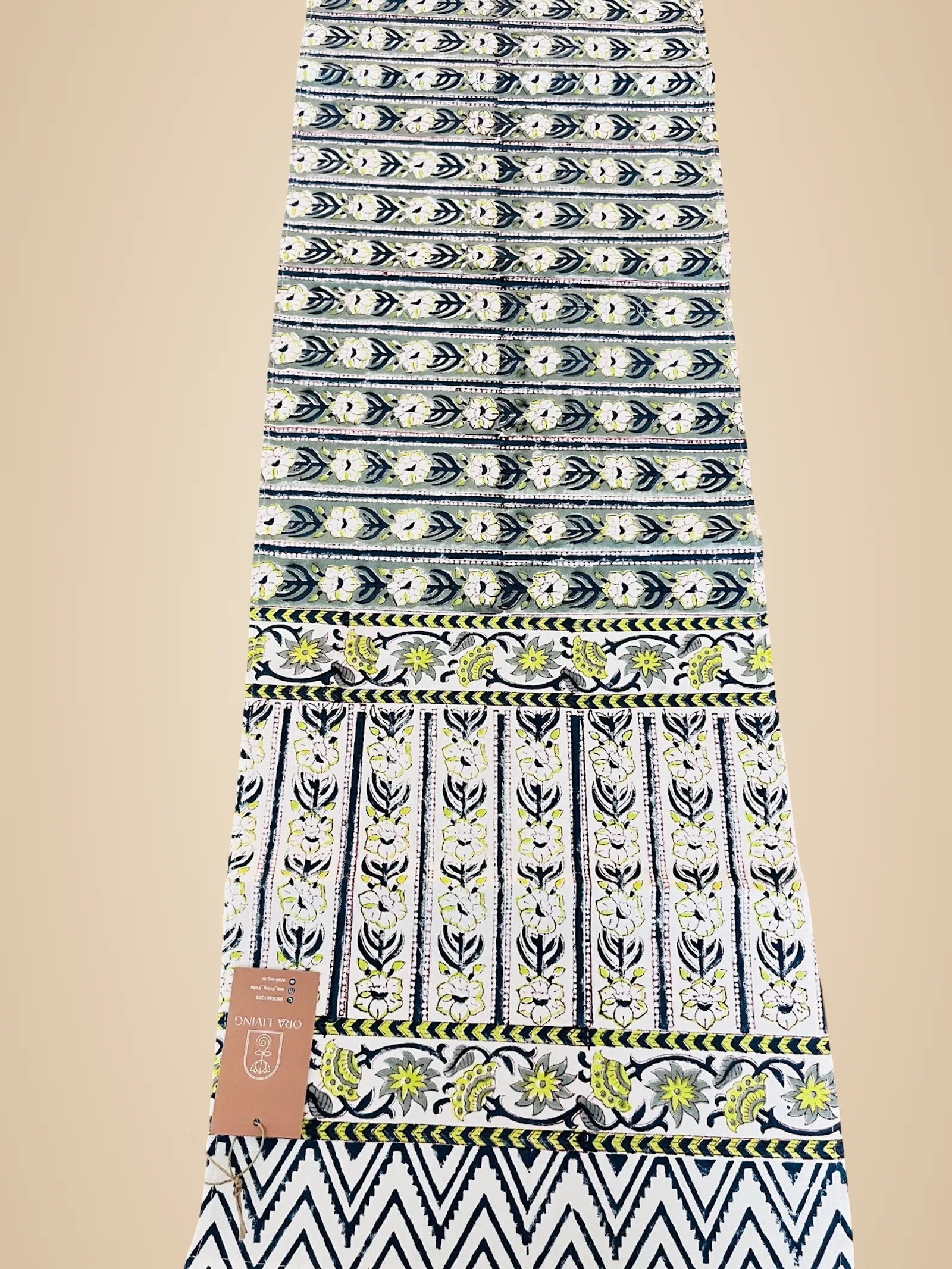 Blue Floral Stripe Handblock Canvas Cotton Table Runner image 2