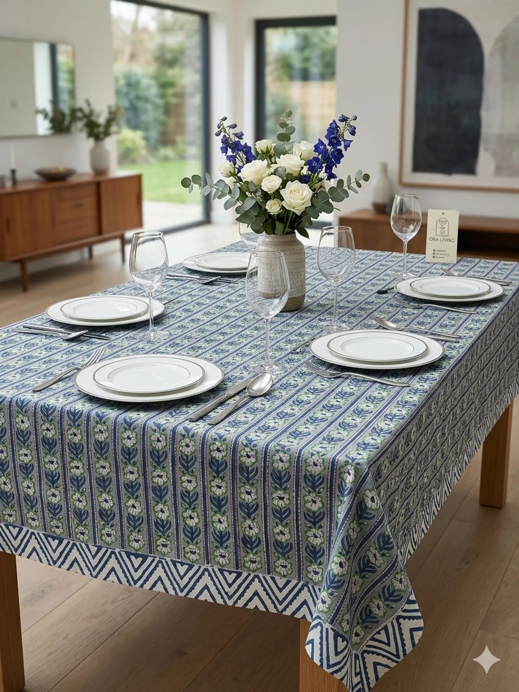 Blue Floral Stripe Handblock Cotton Table Cover image 1