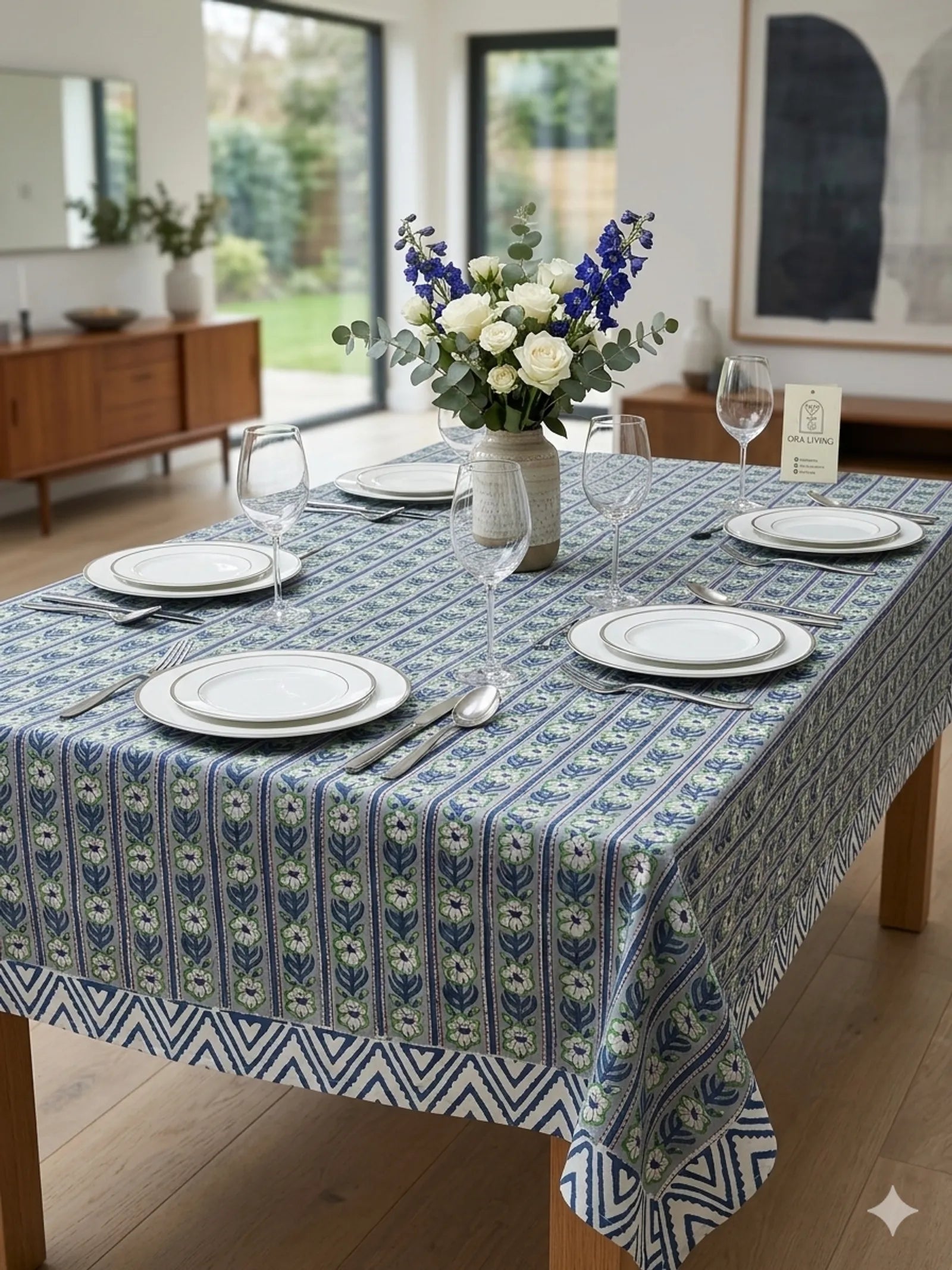 Blue Floral Stripe Handblock Cotton Table Cover image 1