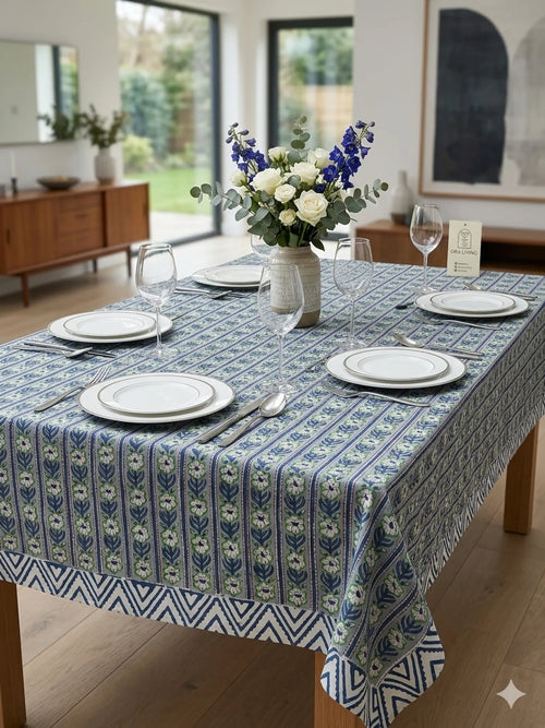 Blue Floral Stripe Handblock Cotton Table Cover image 1