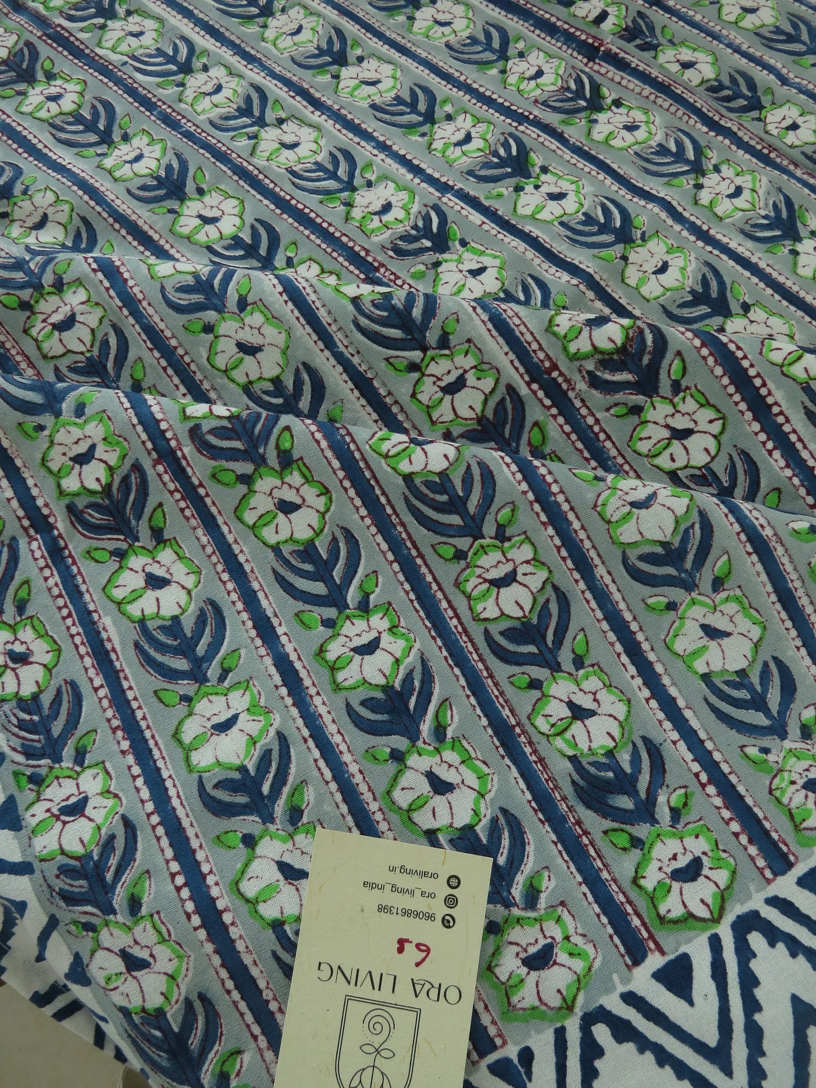 Blue Floral Stripe Handblock Cotton Table Cover image 2