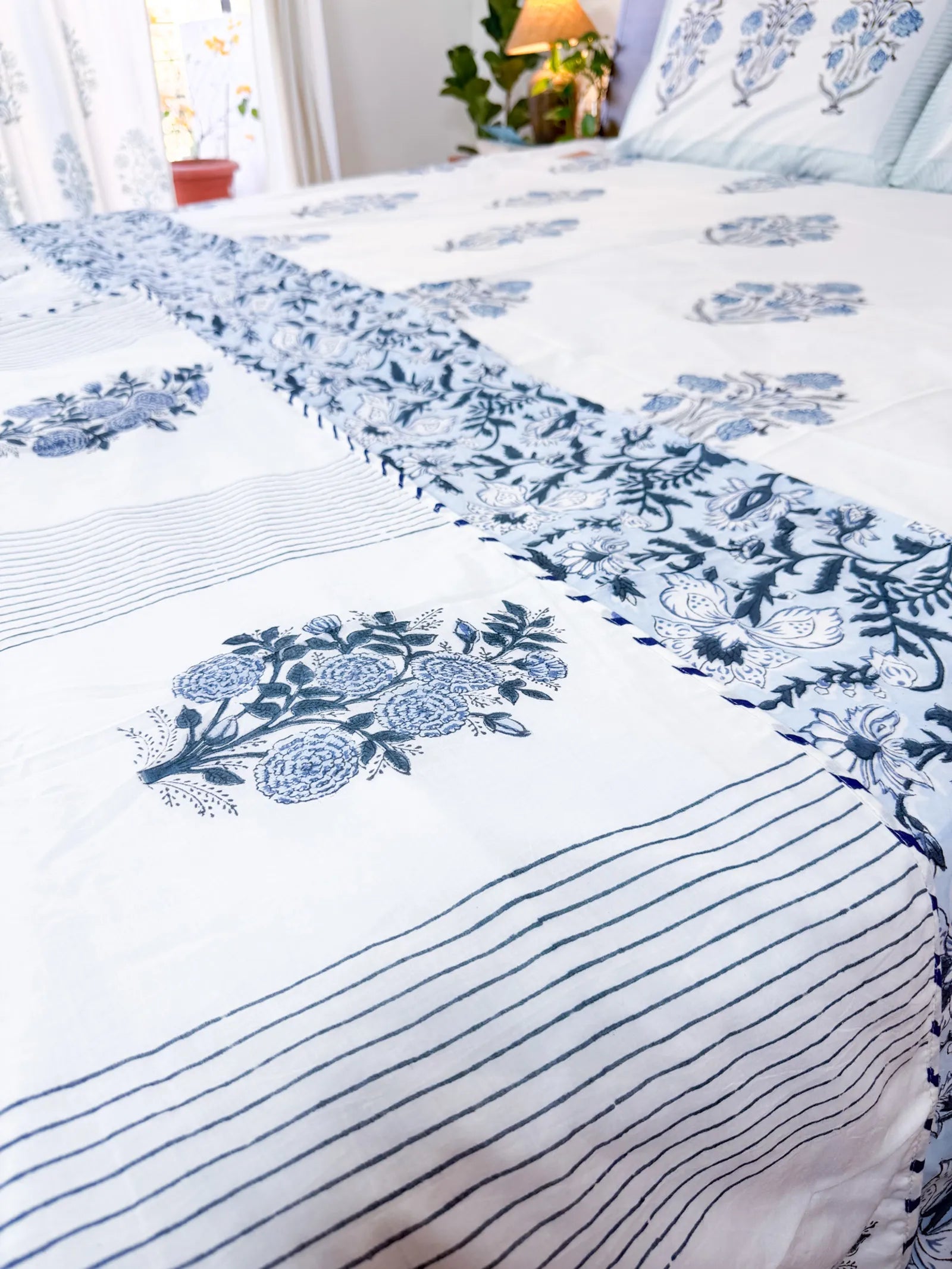 Blue Gardenia Handblock Mul Cotton Dohar image 1