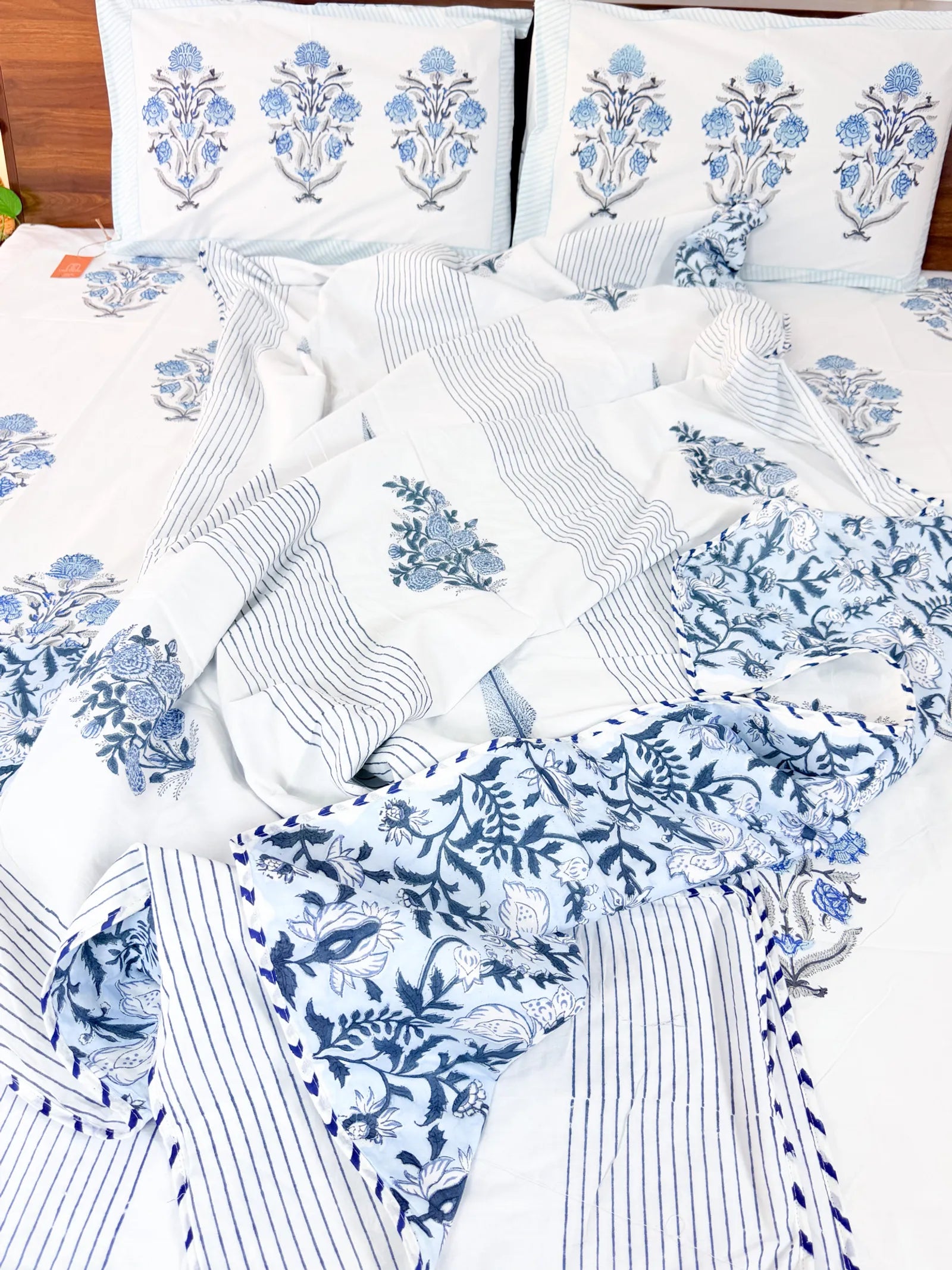 Blue Gardenia Handblock Mul Cotton Dohar image 3