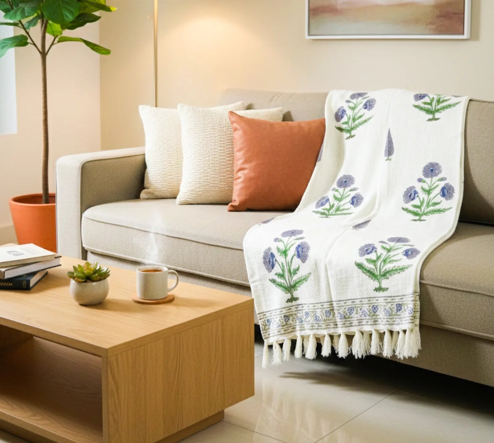 Blue & Green Ivory Garden Handblock TNT Cotton Throw Blanket image 1