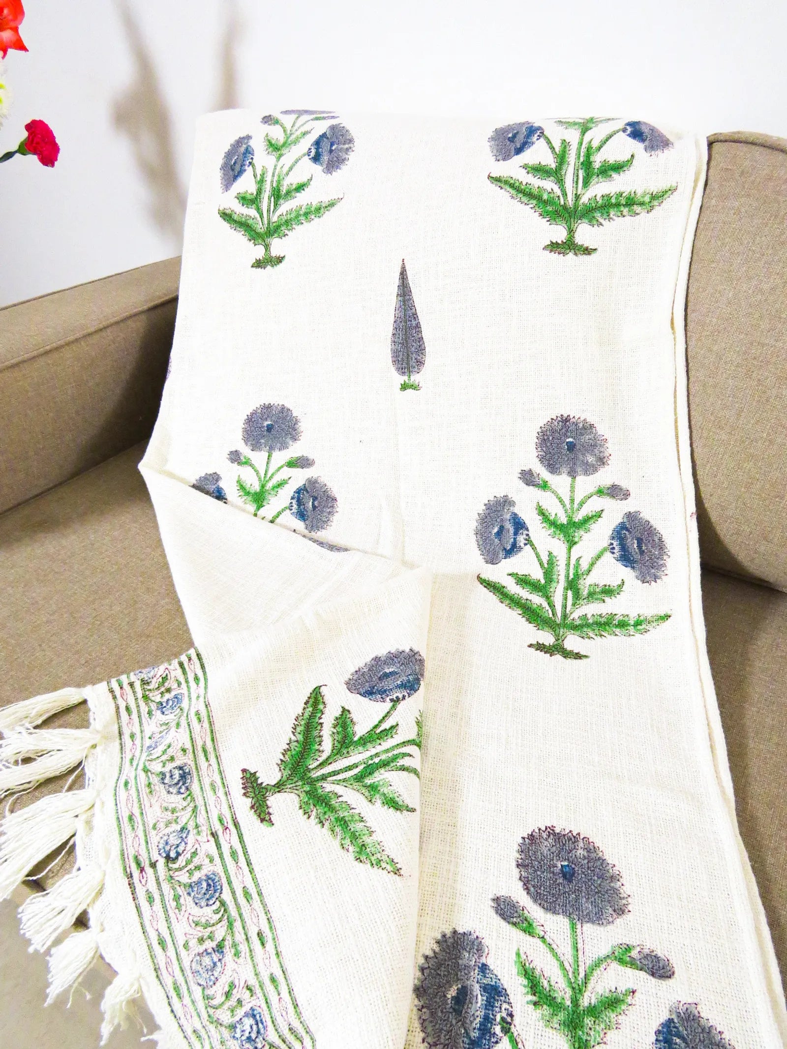 Blue & Green Ivory Garden Handblock TNT Cotton Throw Blanket image 2