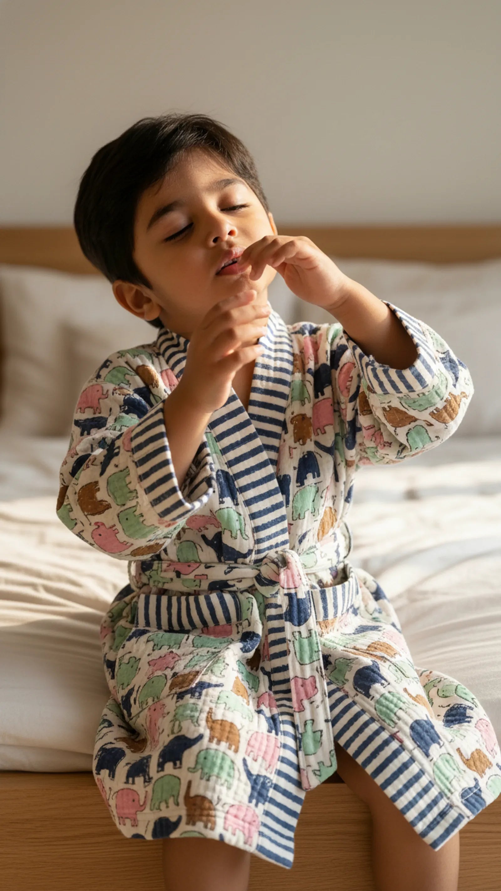Blue Green Pink Elephant Waffle Cotton Kids Bathrobe image 1