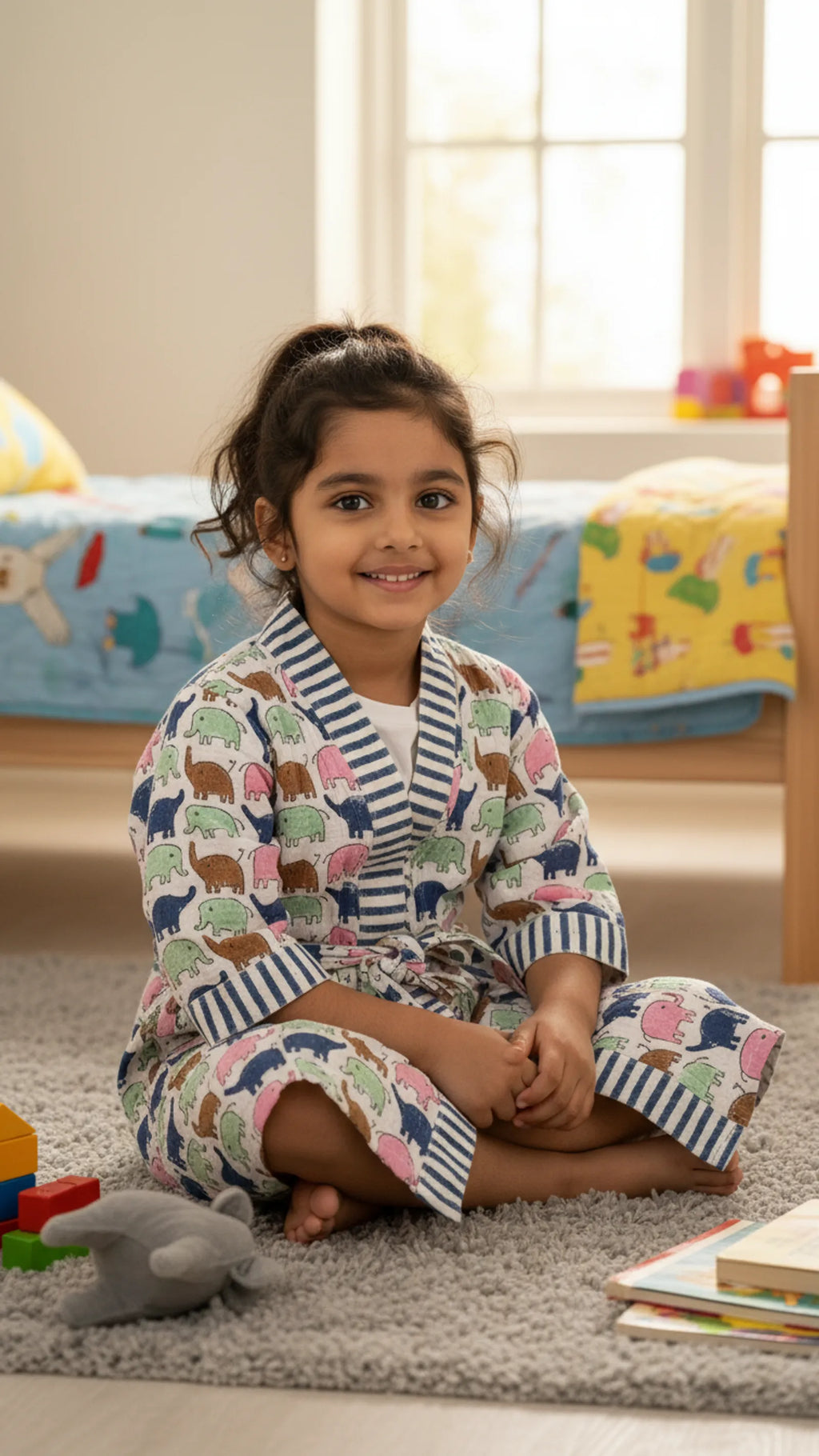 Blue Green Pink Elephant Waffle Cotton Kids Bathrobe image 2