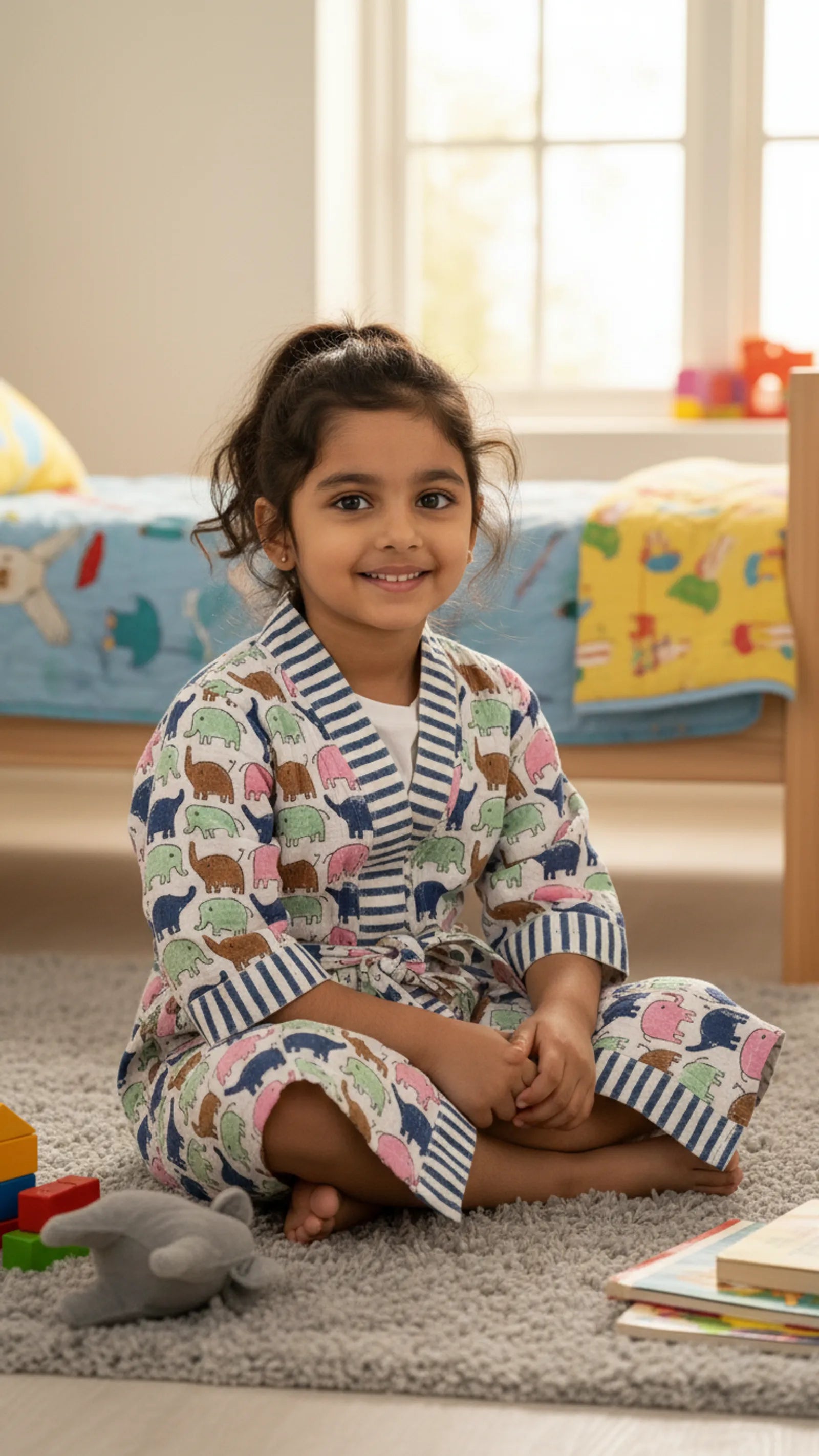 Blue Green Pink Elephant Waffle Cotton Kids Bathrobe image 2