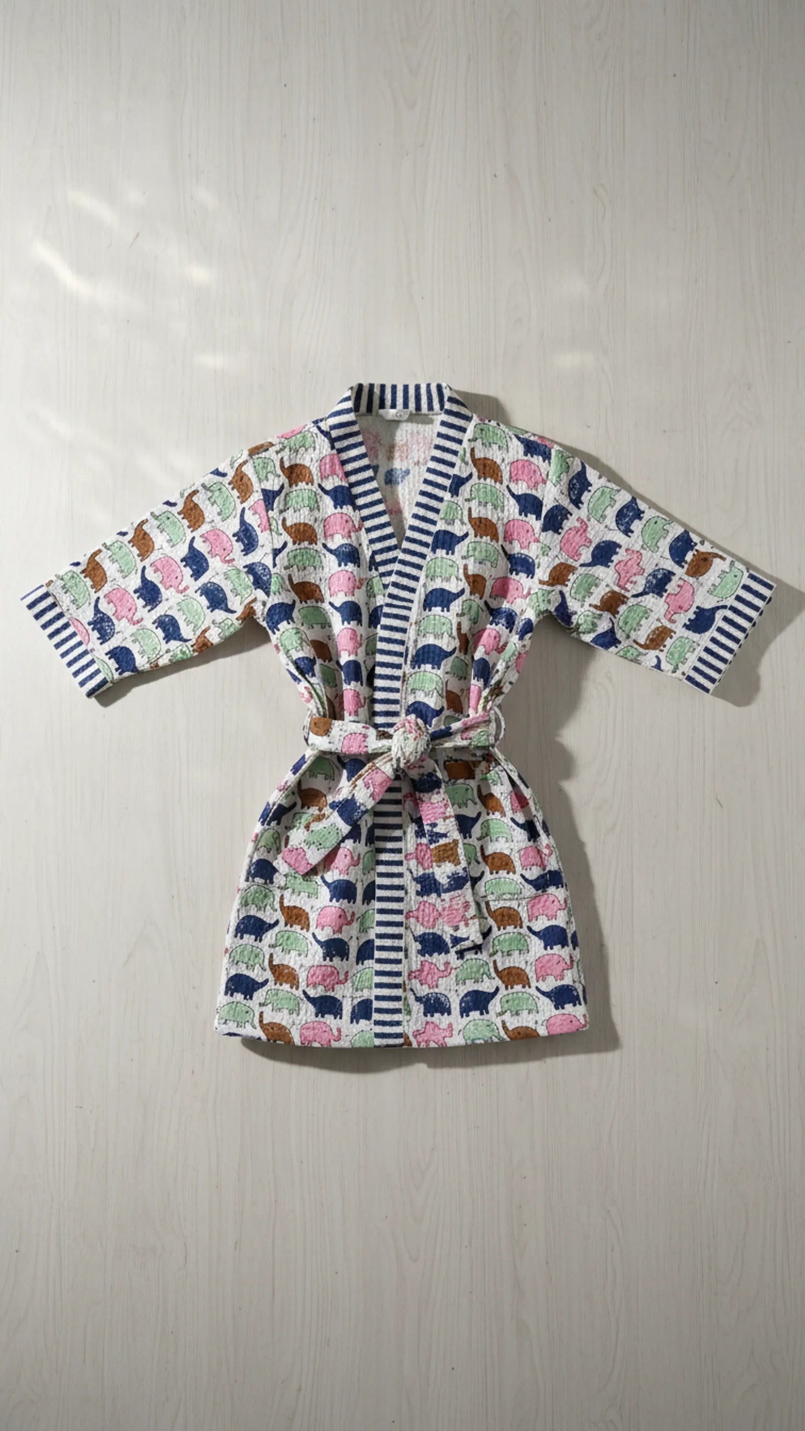 Blue Green Pink Elephant Waffle Cotton Kids Bathrobe image 3