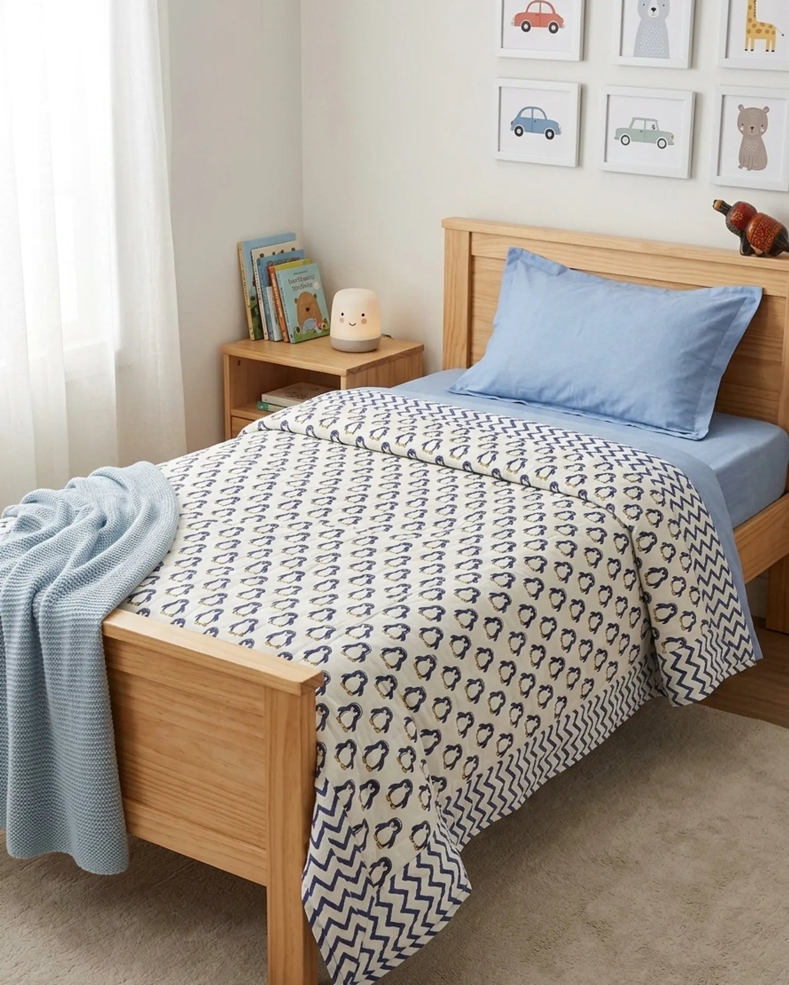 Blue Penguin Handblock Mul Cotton Kids Quilt image 1