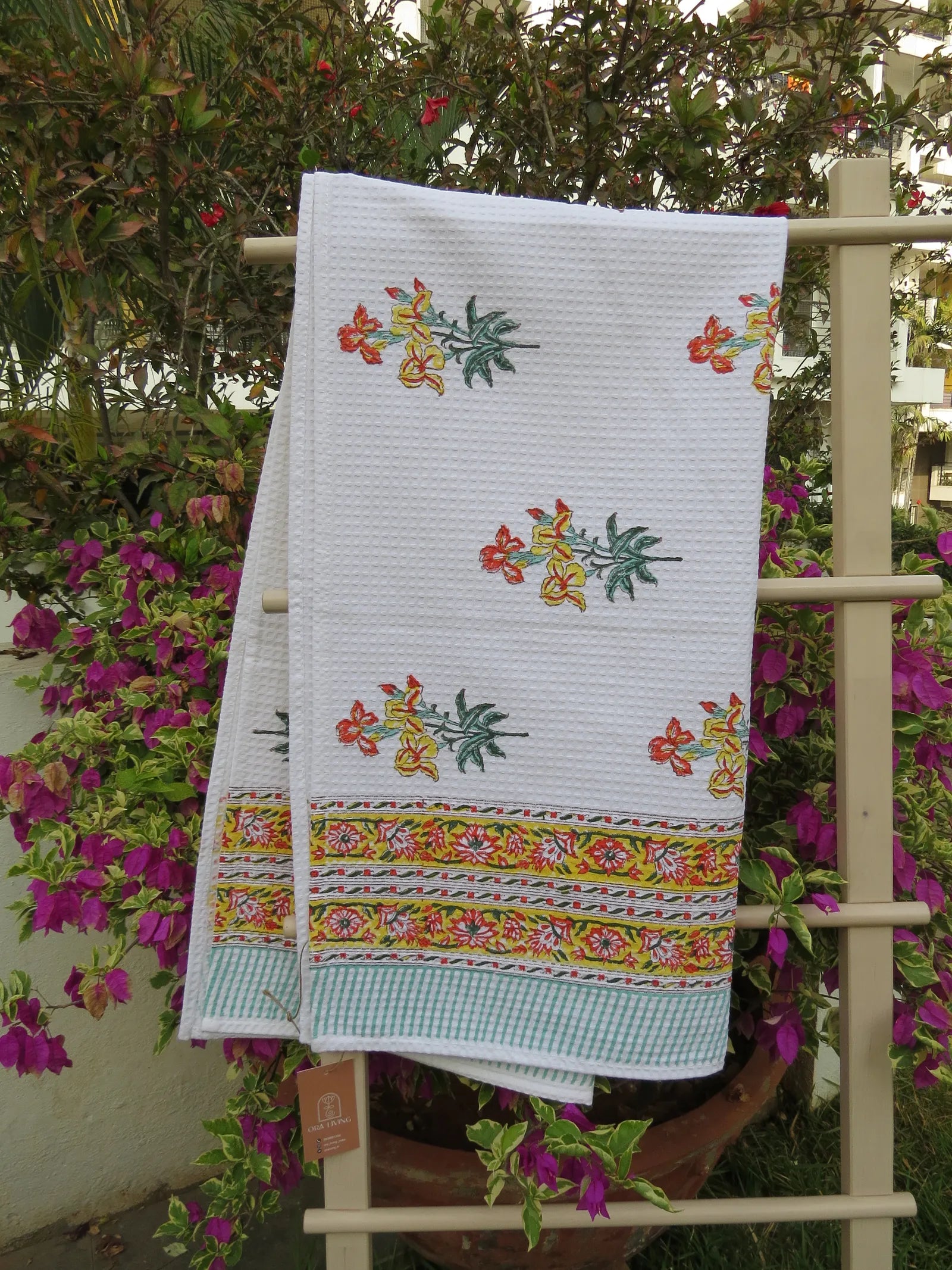 Bright Garden Handblock Waffle Cotton Bath Towel image 1