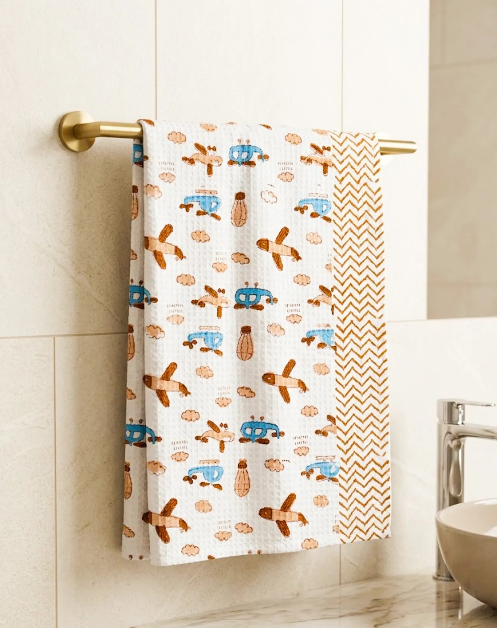 Brown Aeroplane Handblock Waffle Cotton Kids Bath Towel image 2
