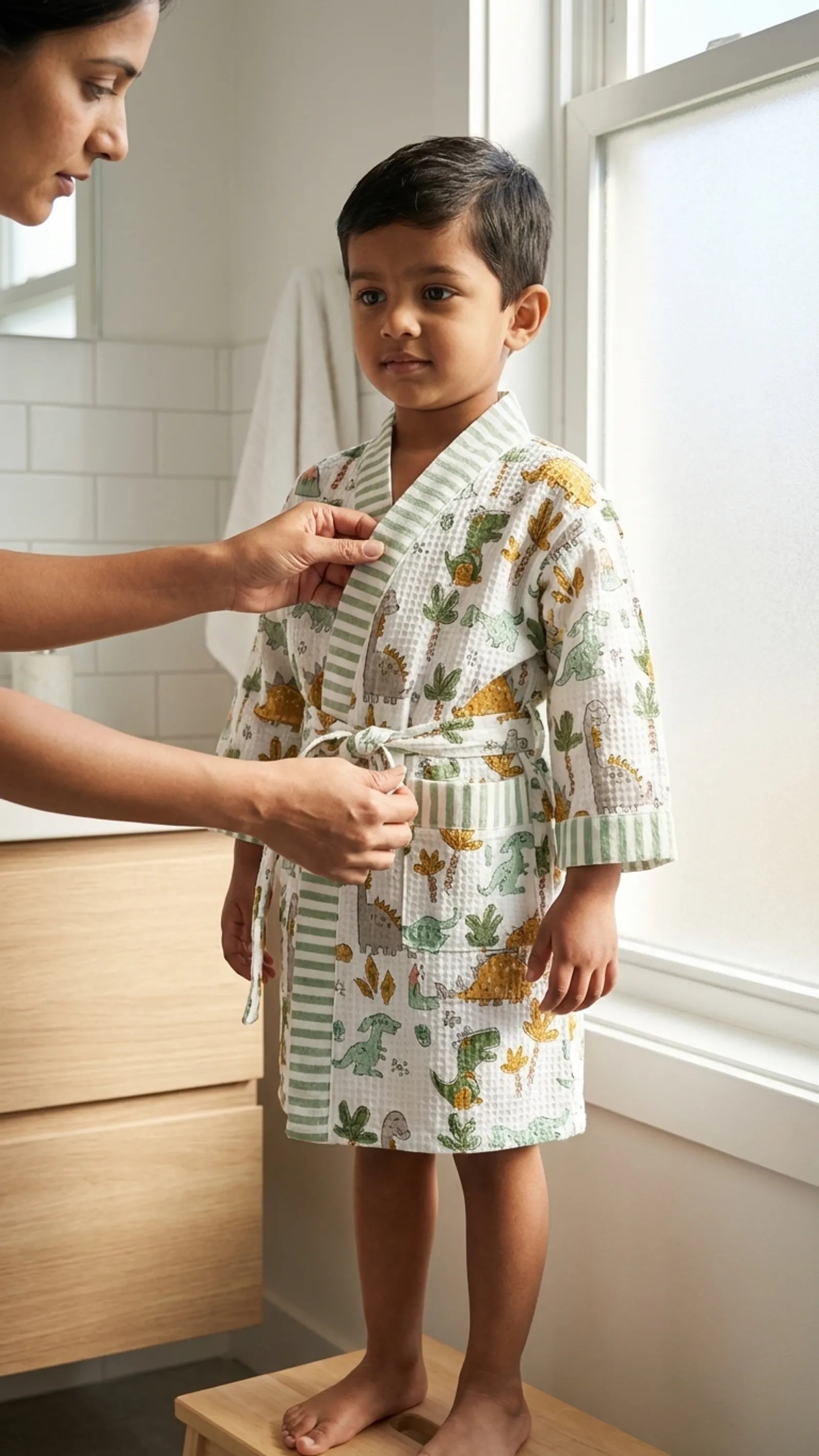 Brown Green Giraffe Tiger Waffle Cotton Kids Bathrobe image 2