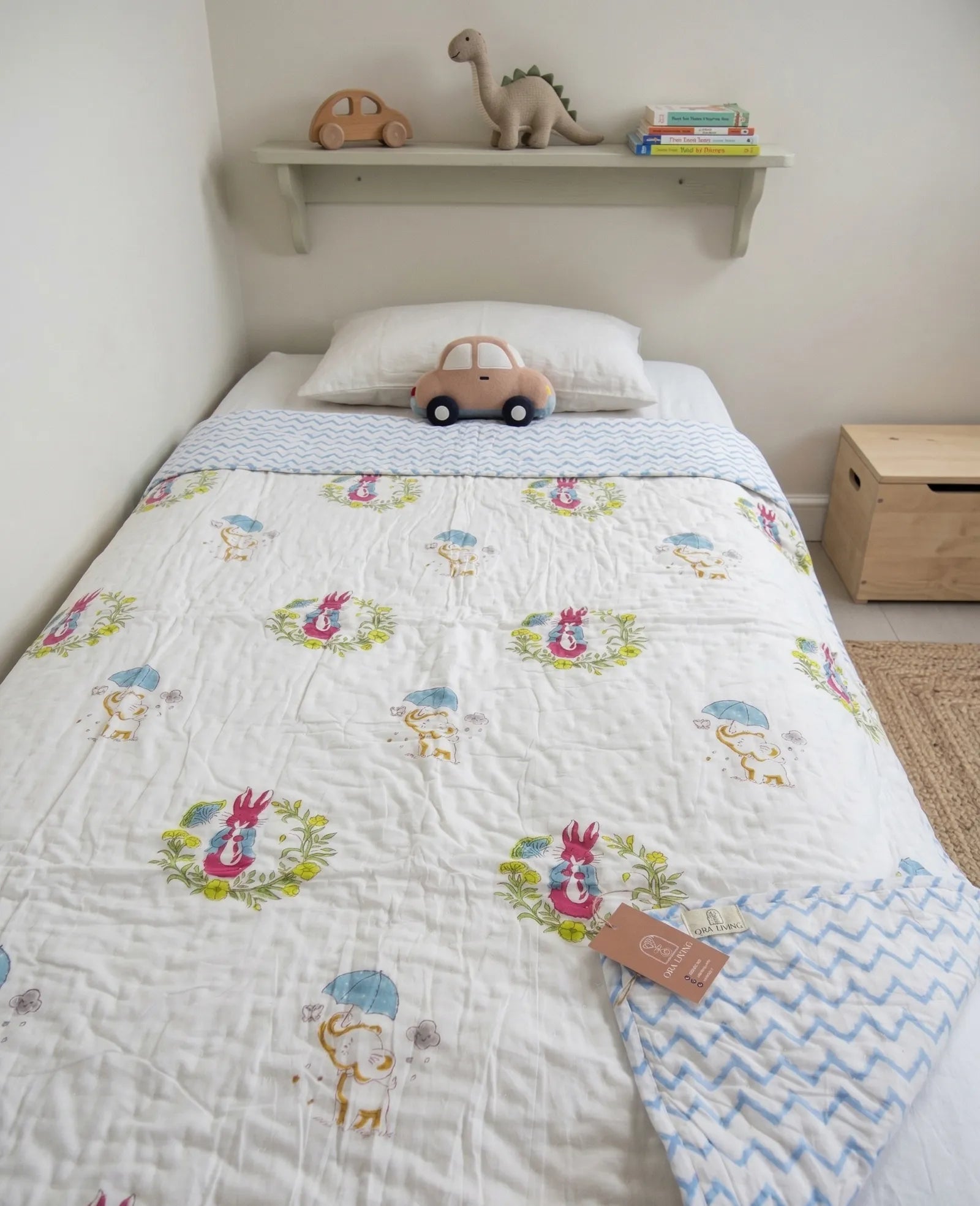 Bunny Elephant Handblock Mul Cotton Kids Quilt image 1