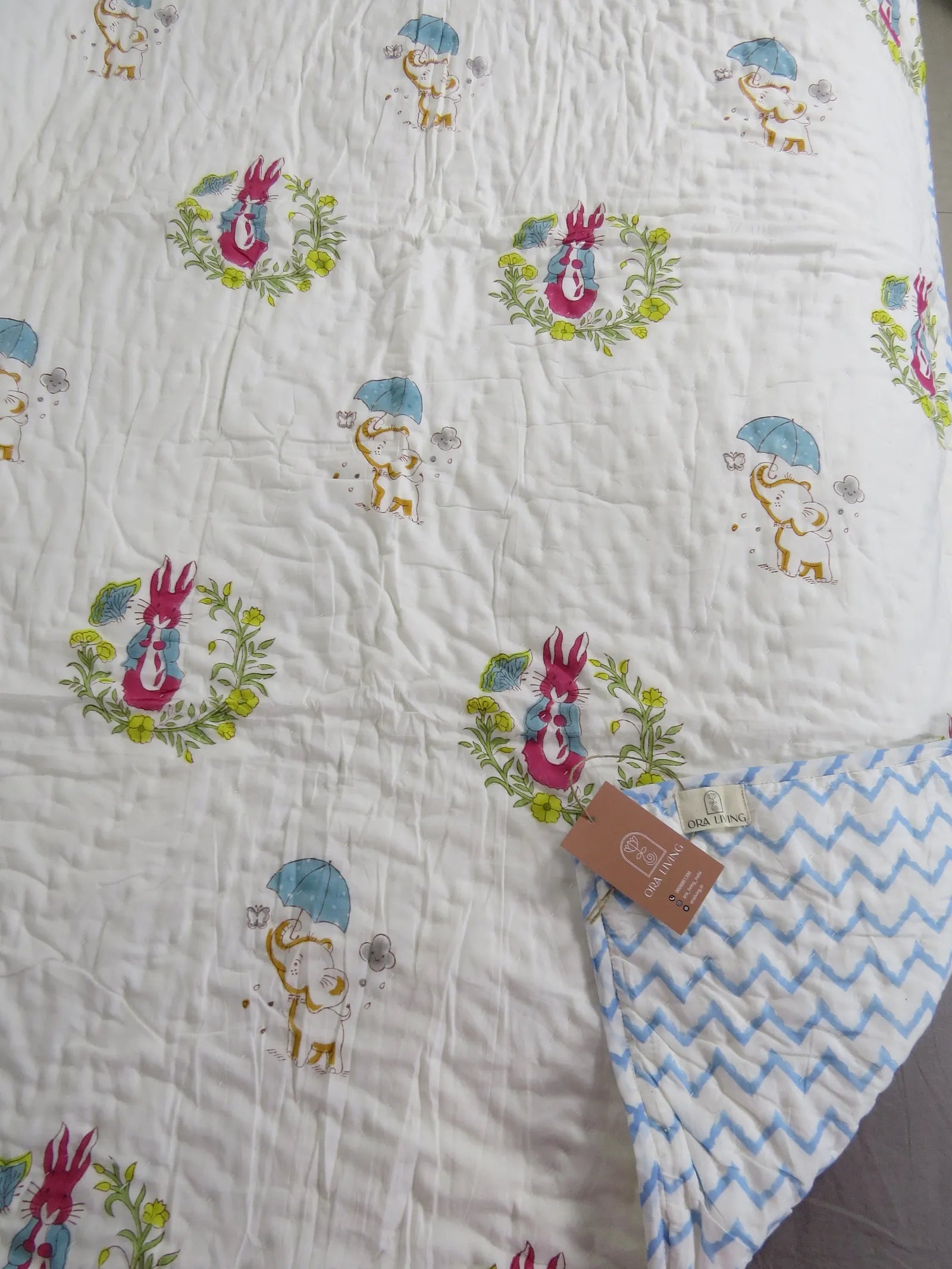 Bunny Elephant Handblock Mul Cotton Kids Quilt image 2