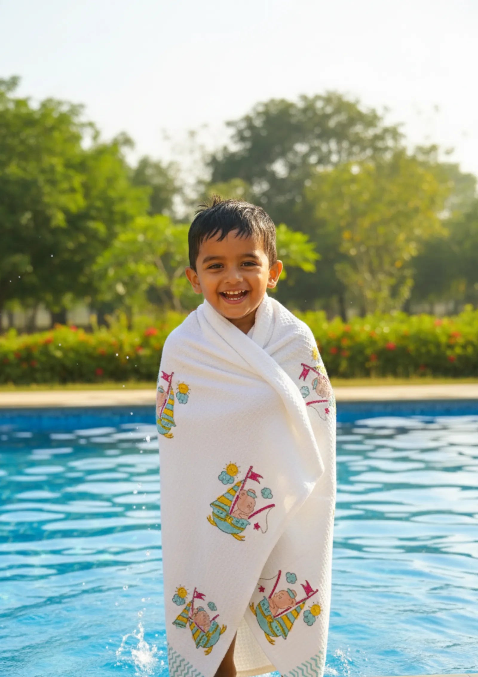 Bunny In Boat Handblock Waffle Cotton Kids Bath Towel image 1