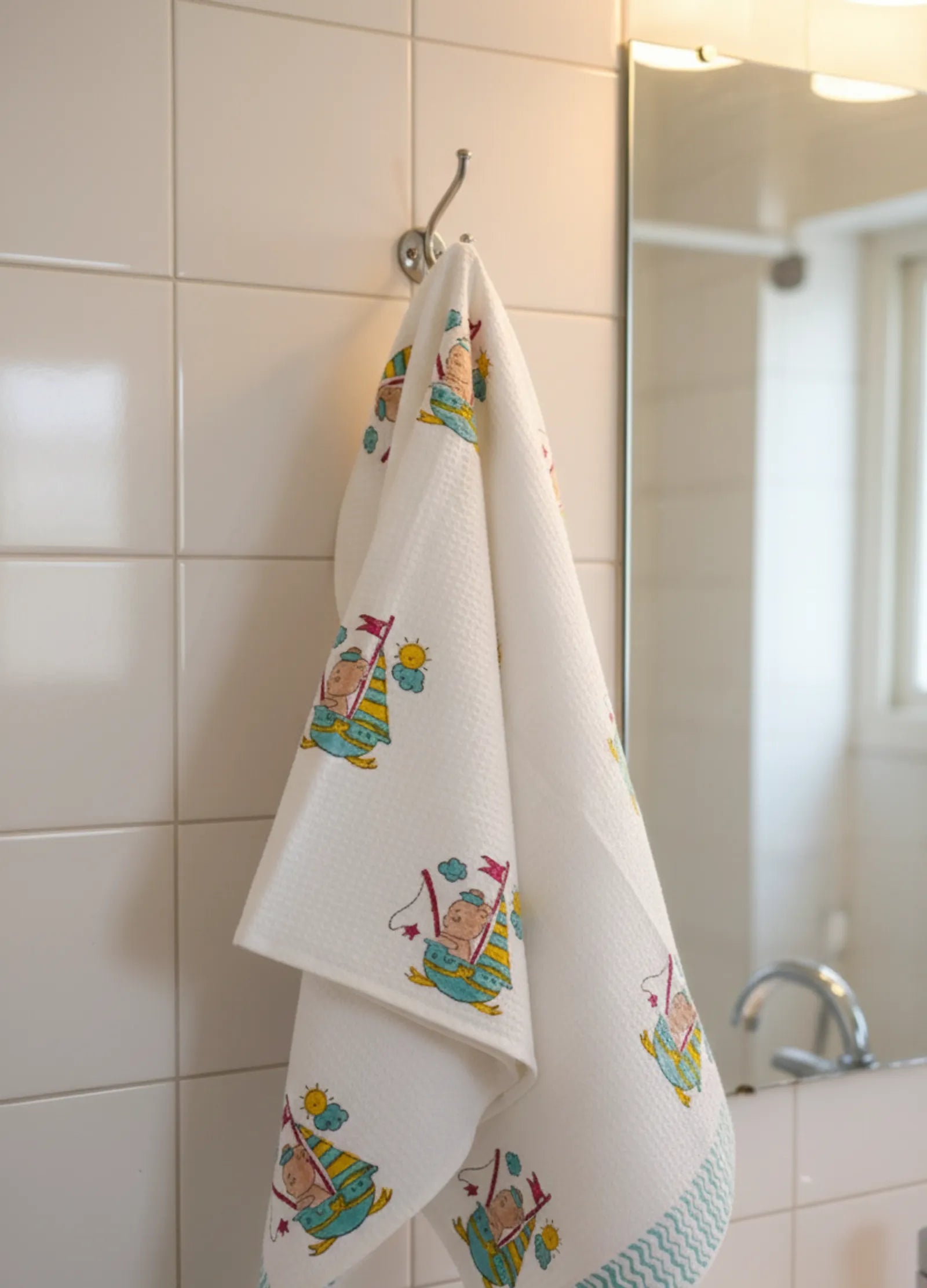 Bunny In Boat Handblock Waffle Cotton Kids Bath Towel image 4