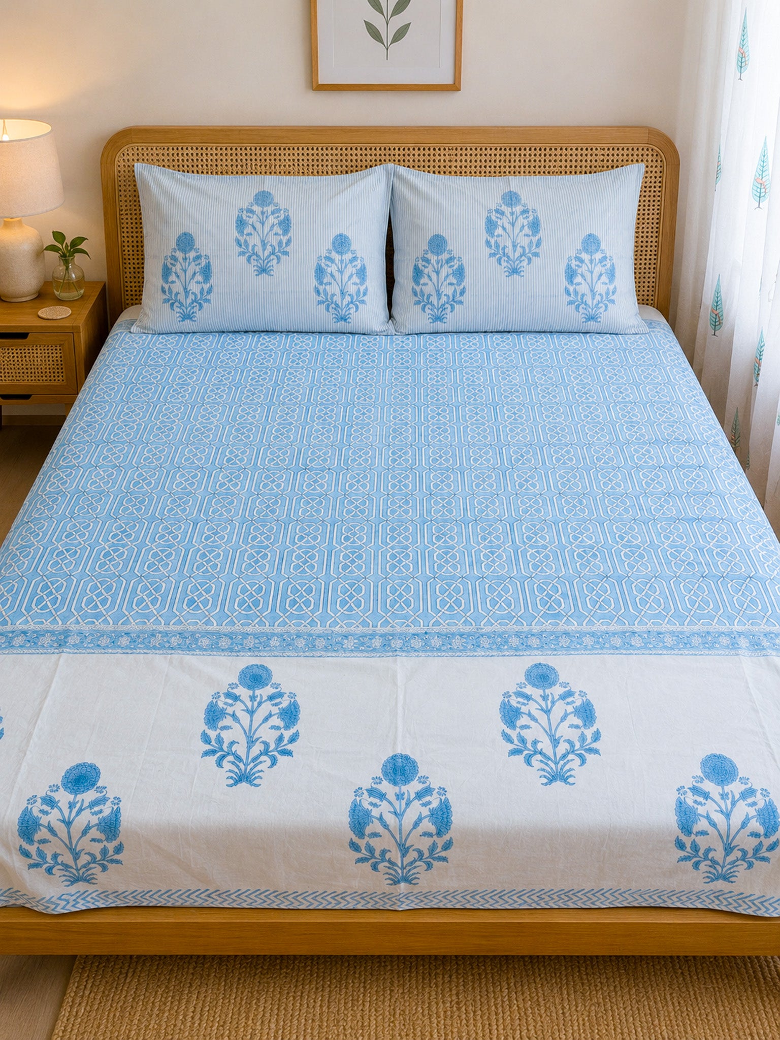 Sky Blue Geometric Handblock Premium Cotton Bedsheet Set — hand-block printed bedsheet set, product view 9.