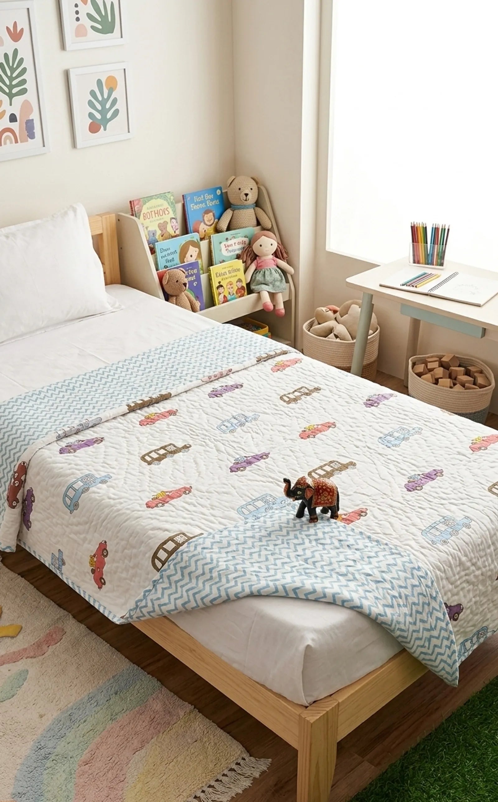 Colorful Car Handblock Mul Cotton Kids Dohar image 1