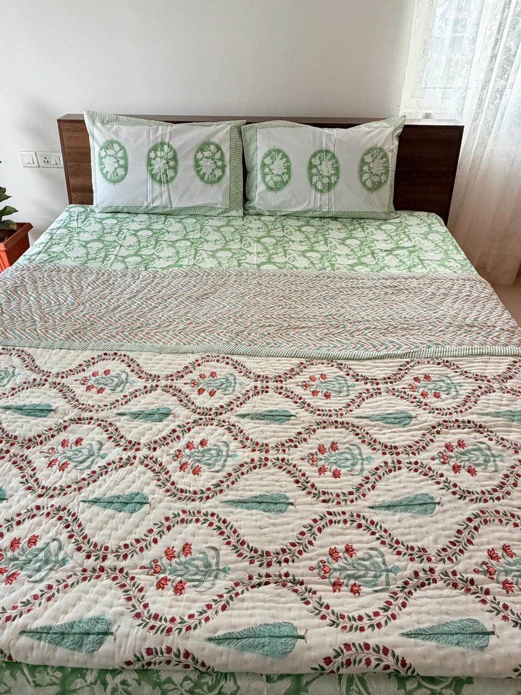 Cypress Floral Handblock Mul Cotton Quilt Double image 1