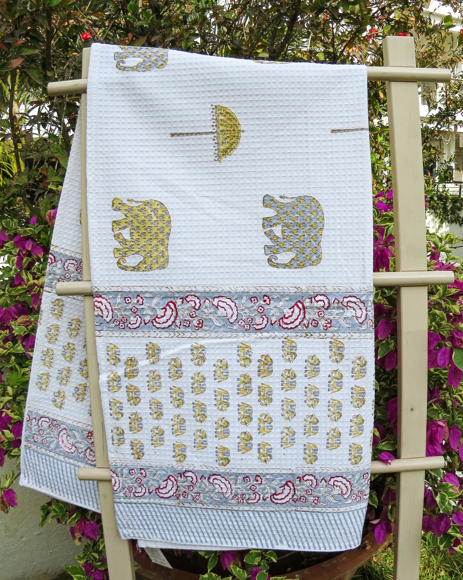 Elephant Umbrella Handblock Waffle Cotton Bath Towel image 1