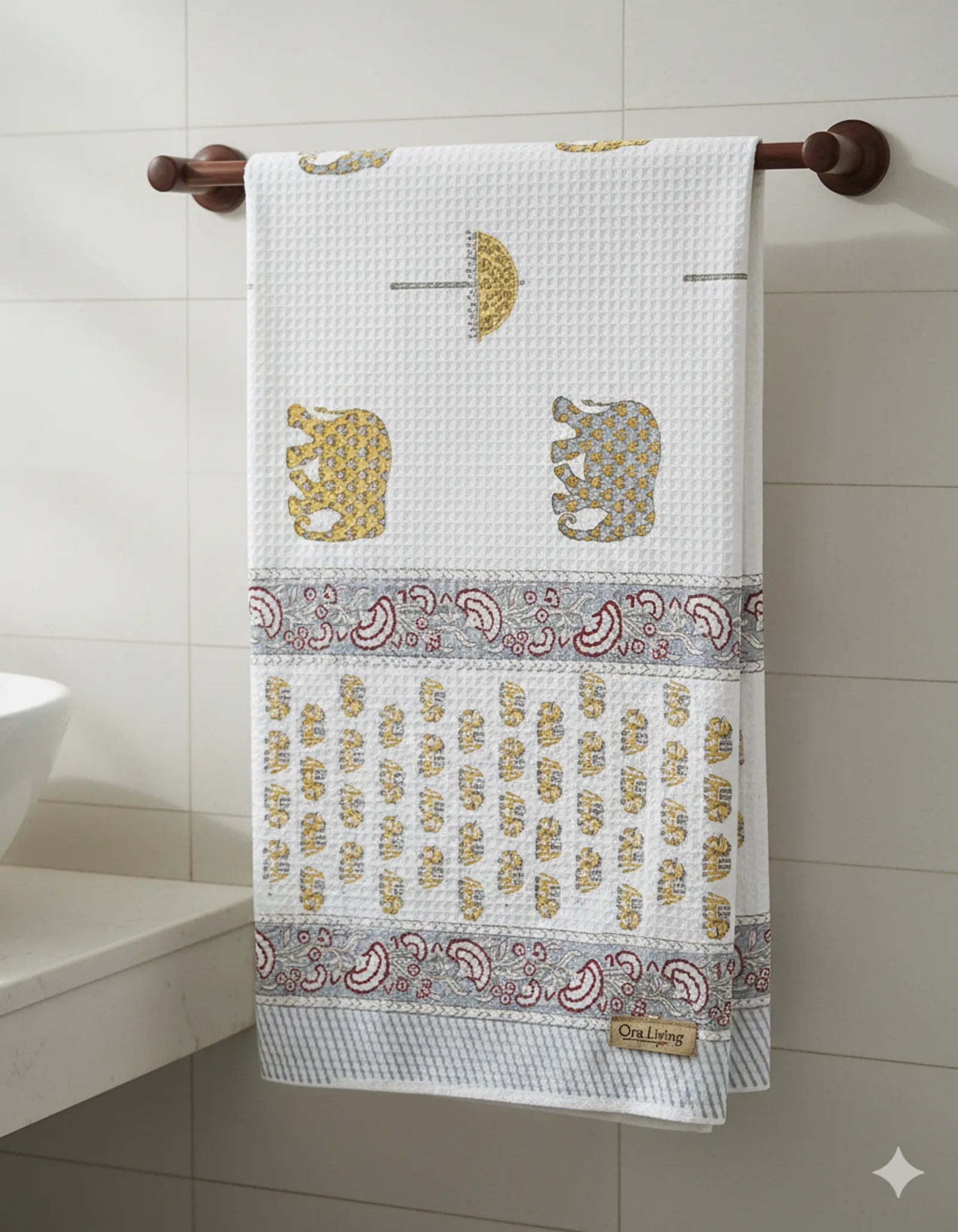 Elephant Umbrella Handblock Waffle Cotton Bath Towel image 2