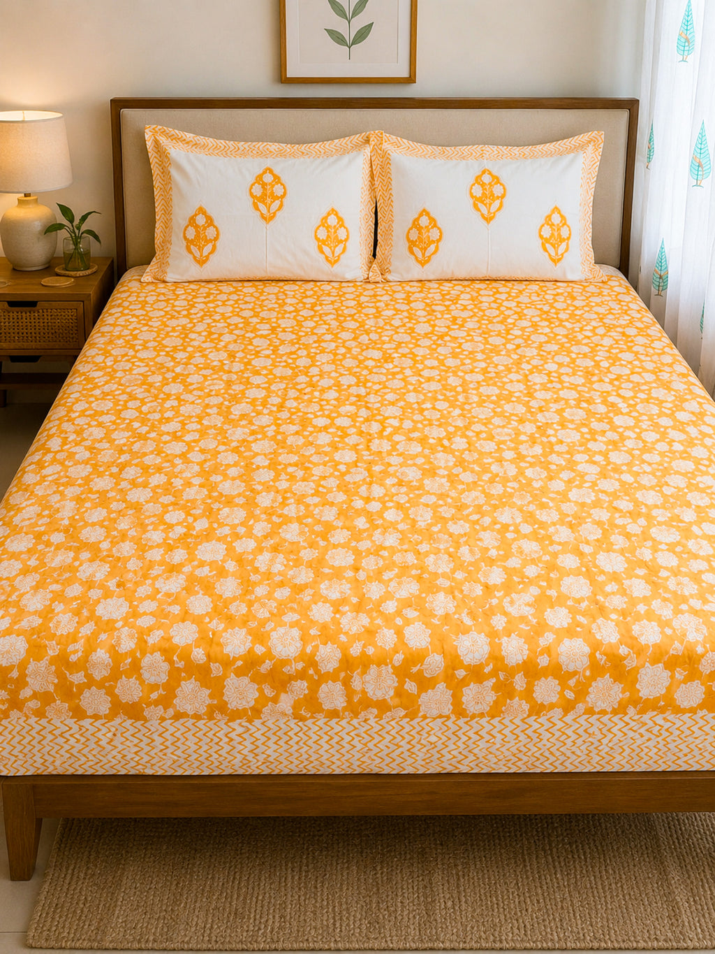 Yellow Floral Handblock Premium Cotton Bedsheet Set — hand-block printed bedsheet set, product view 7.