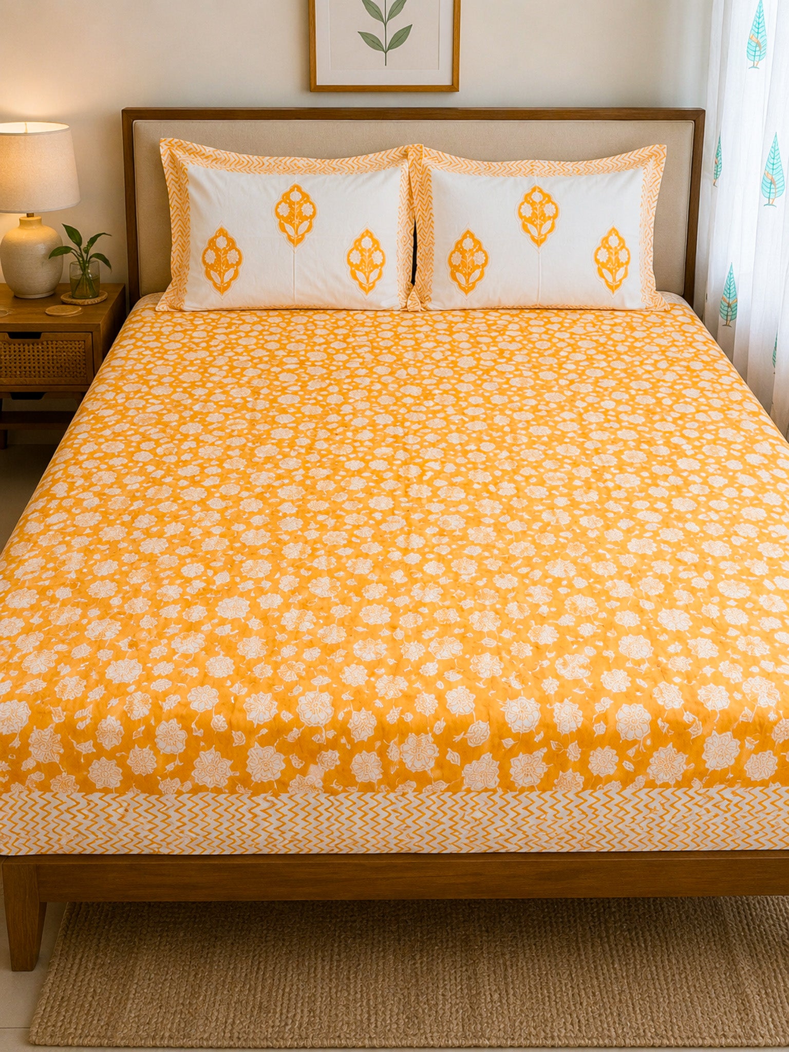 Yellow Floral Handblock Premium Cotton Bedsheet Set — hand-block printed bedsheet set, product view 7.