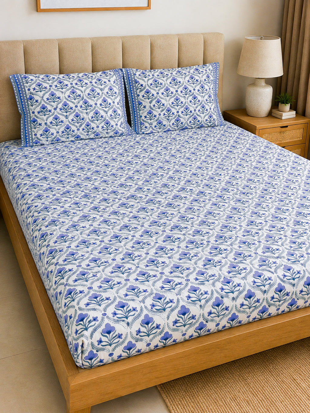 Blue Floral Butta Handblock Premium Cotton Bedsheet Set — hand-block printed bedsheet set, product view 10.