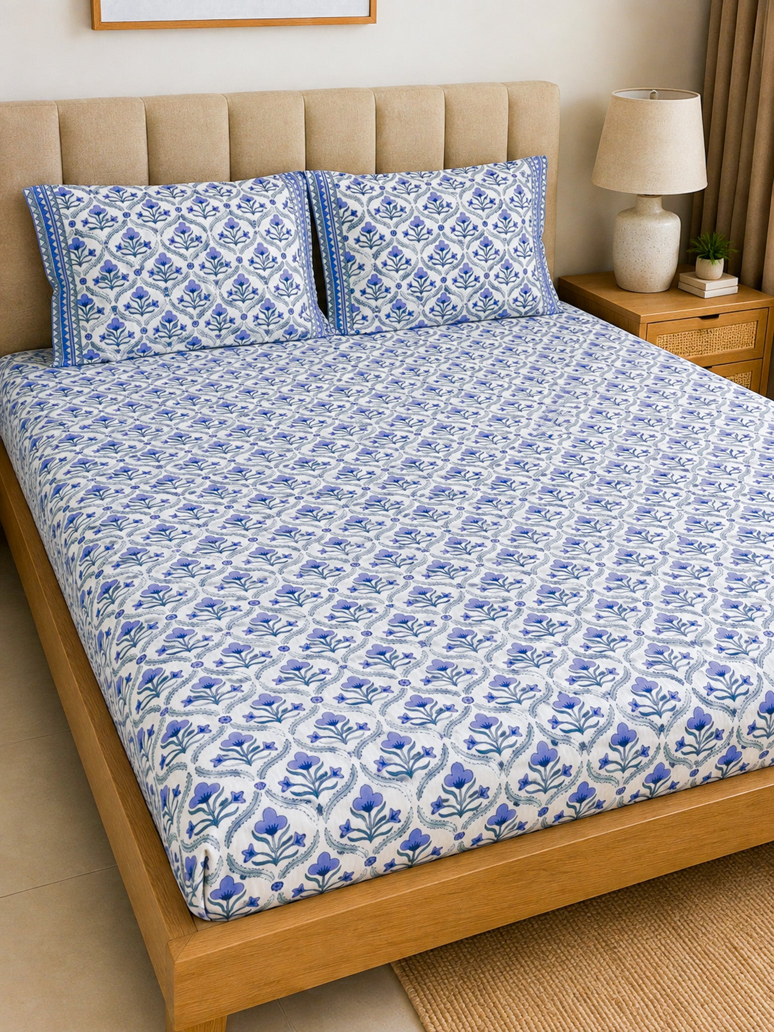 Blue Floral Butta Handblock Premium Cotton Bedsheet Set — hand-block printed bedsheet set, product view 10.