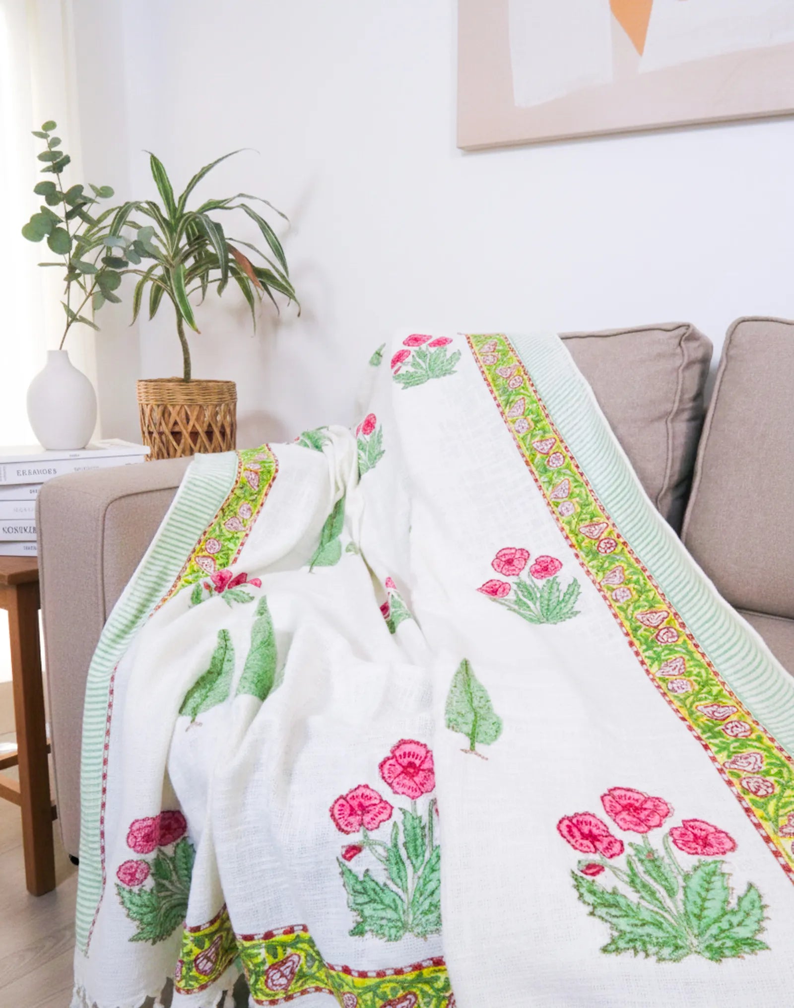 Green Cypress Garden Handblock TNT Cotton Throw Blanket image 1