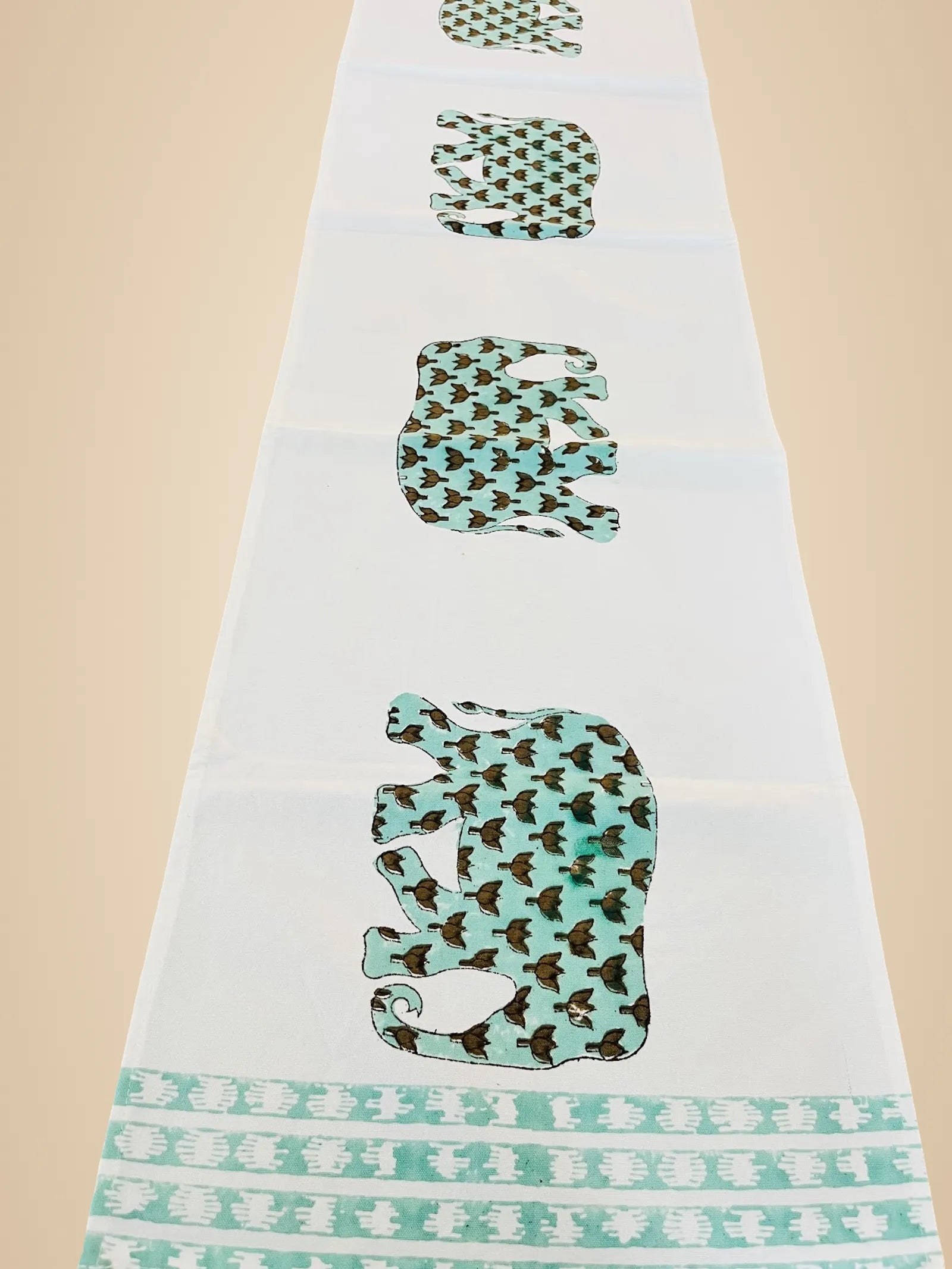 Green Elephant Handblock Canvas Cotton Table Runner image 2