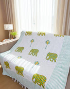 Green Elephant Palm Tree Handblock TNT Cotton Throw Blanket image 1
