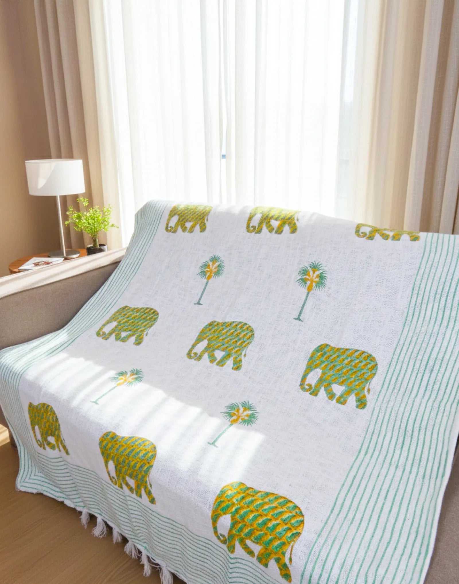 Green Elephant Palm Tree Handblock TNT Cotton Throw Blanket image 1