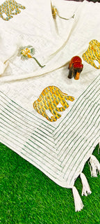 Green Elephant Palm Tree Handblock TNT Cotton Throw Blanket image 2