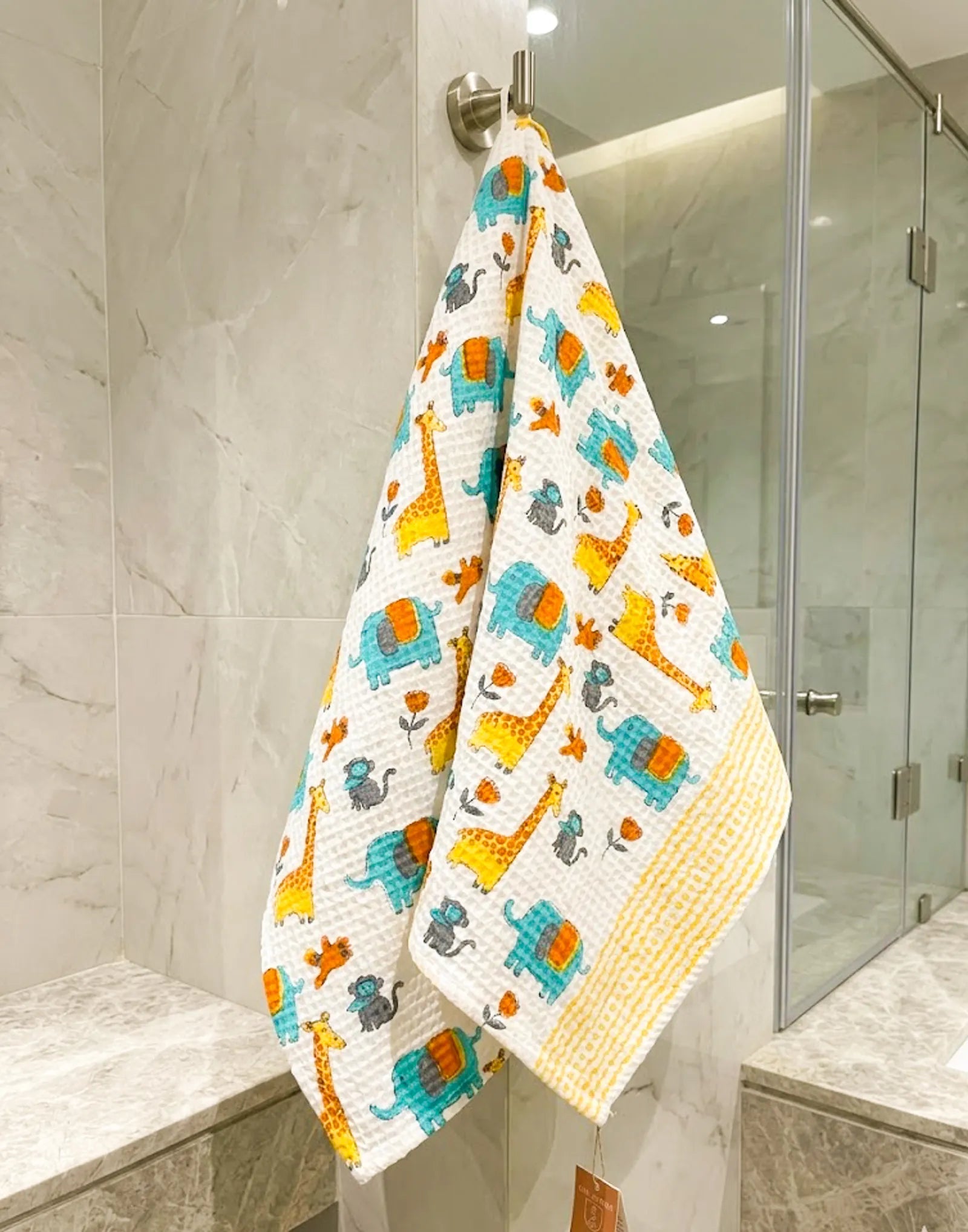 Green Elephant Yellow Giraffe Handblock Waffle Cotton Kids Bath Towel image 2