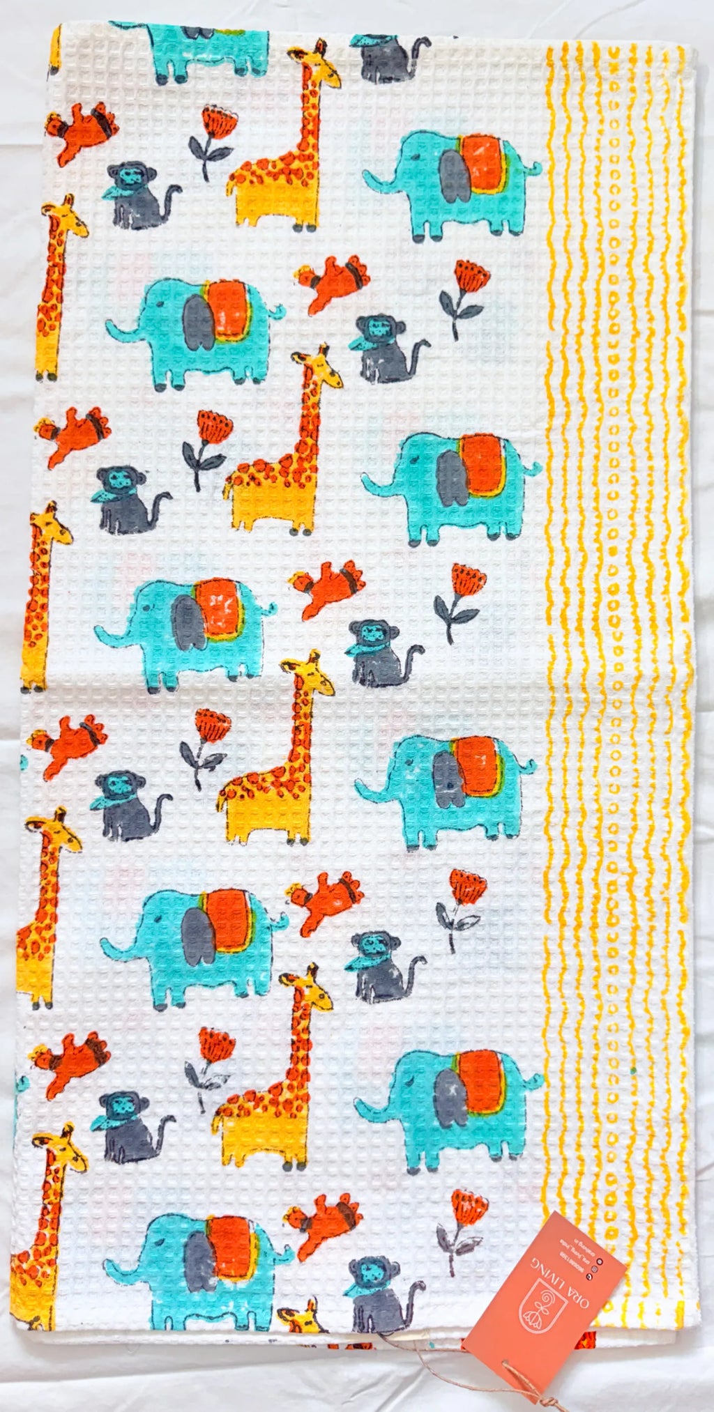 Green Elephant Yellow Giraffe Handblock Waffle Cotton Kids Bath Towel image 3