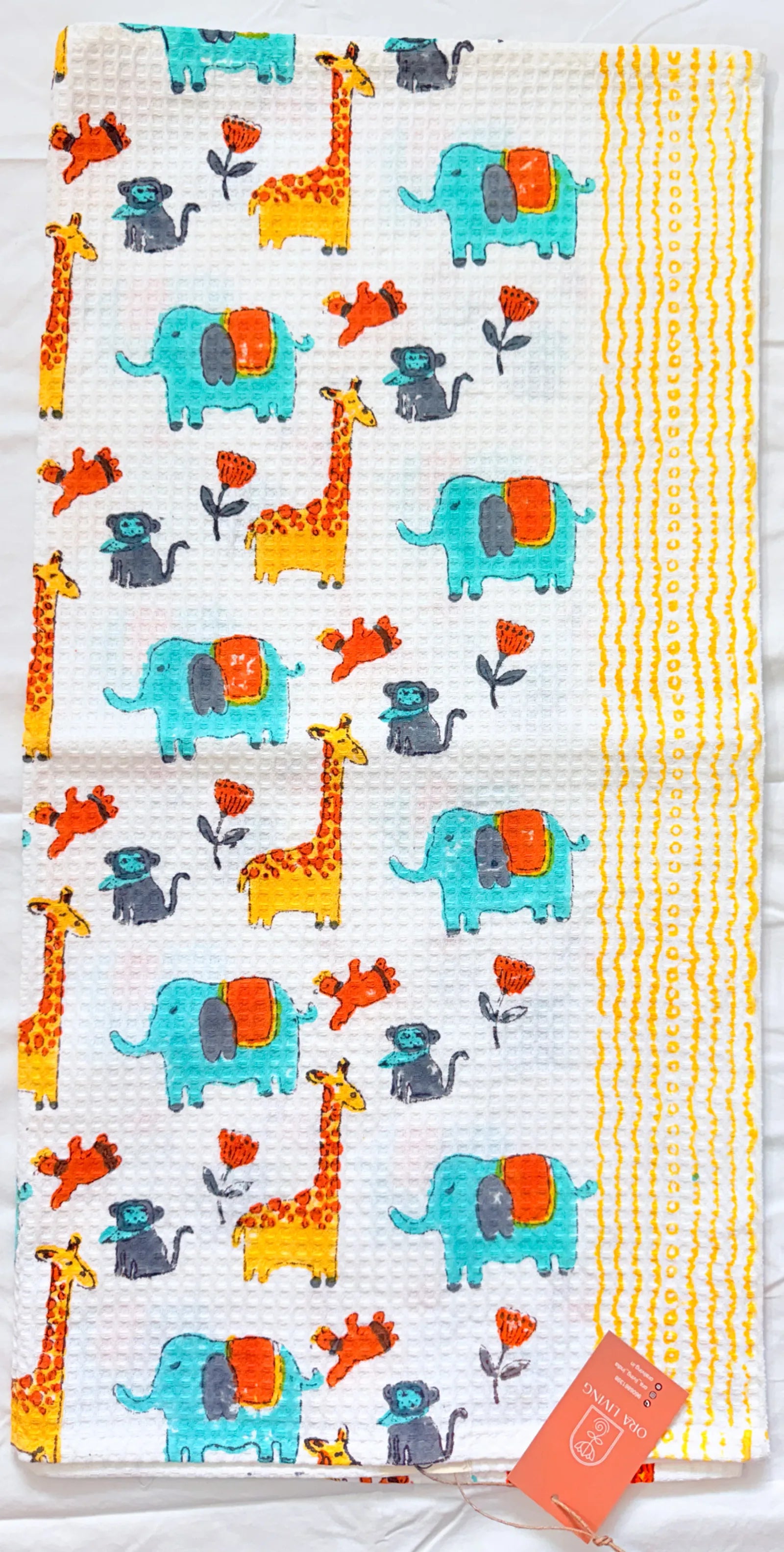 Green Elephant Yellow Giraffe Handblock Waffle Cotton Kids Bath Towel image 3