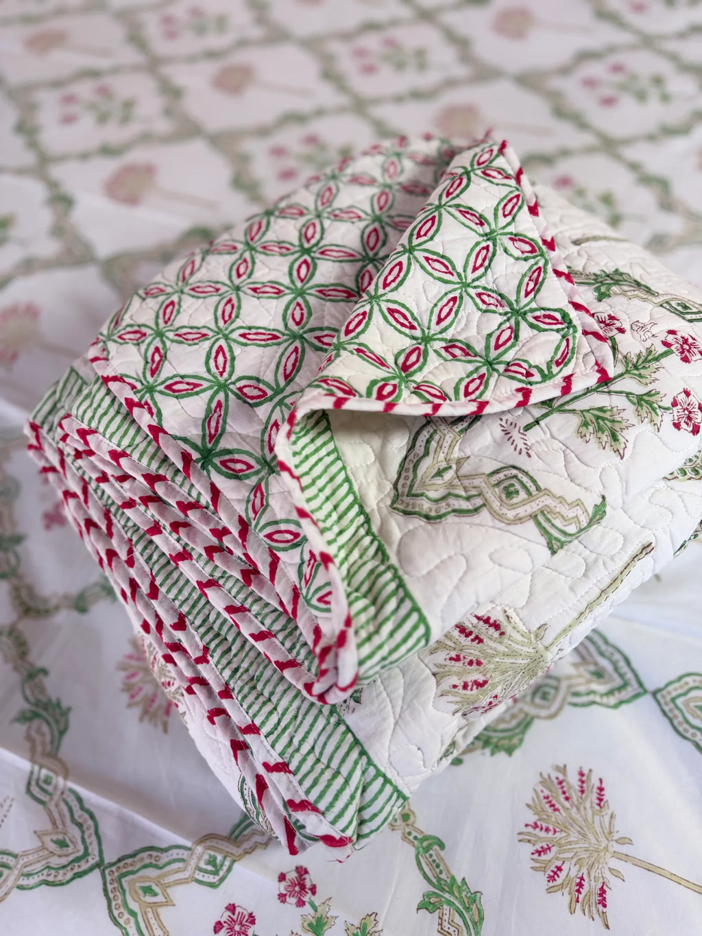 Green Floral Jal Pure Mulmul Quilted Bedcover image 2
