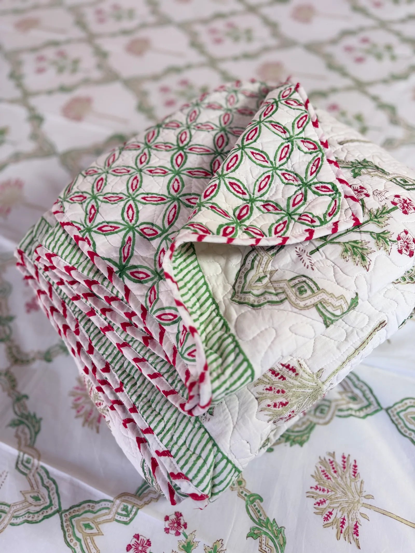 Green Floral Jal Pure Mulmul Quilted Bedcover image 2