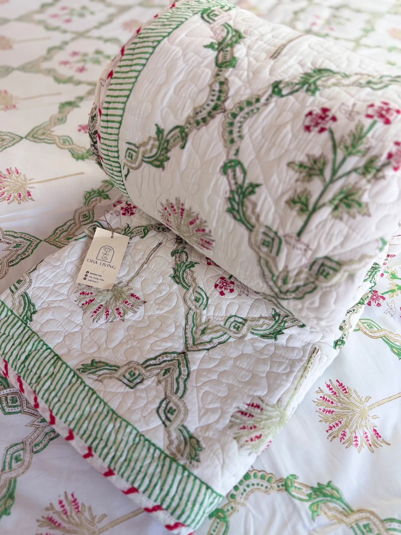 Green Floral Jal Pure Mulmul Quilted Bedcover image 3