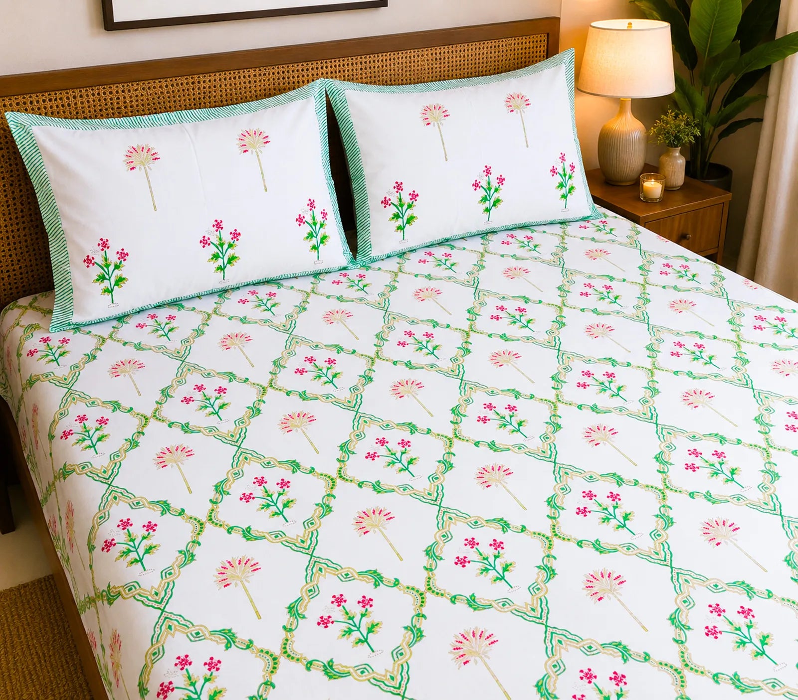 Green & Maroon Floral Handblock Printed Premium Cotton Bedsheet Set image 1