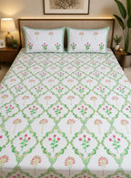 Green & Maroon Floral Handblock Printed Premium Cotton Bedsheet Set image 2
