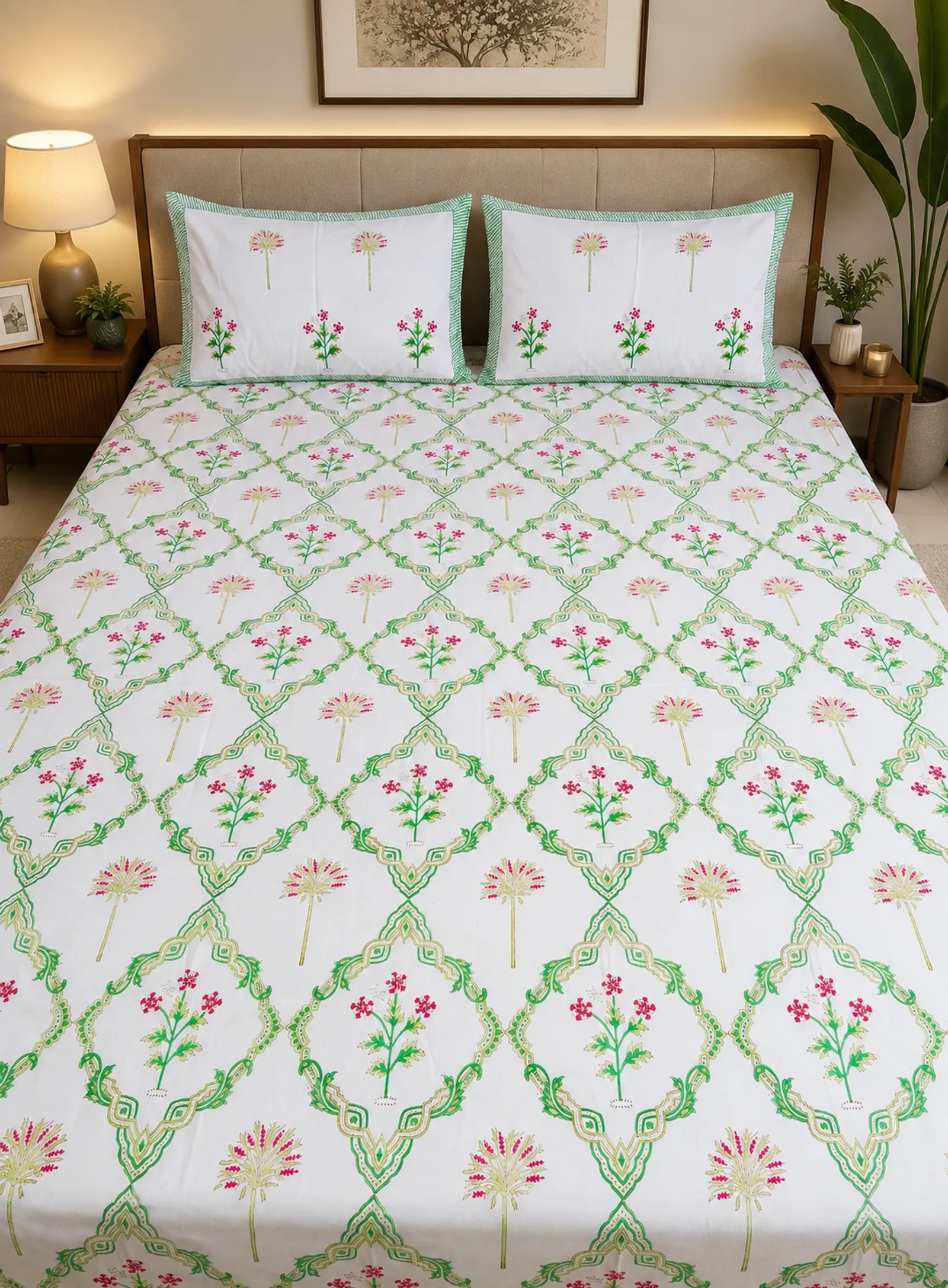 Green & Maroon Floral Handblock Printed Premium Cotton Bedsheet Set image 2