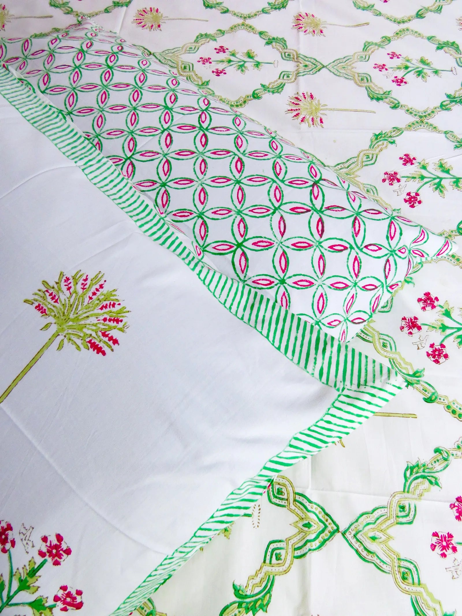 Green & Maroon Floral Handblock Printed Premium Cotton Bedsheet Set image 5