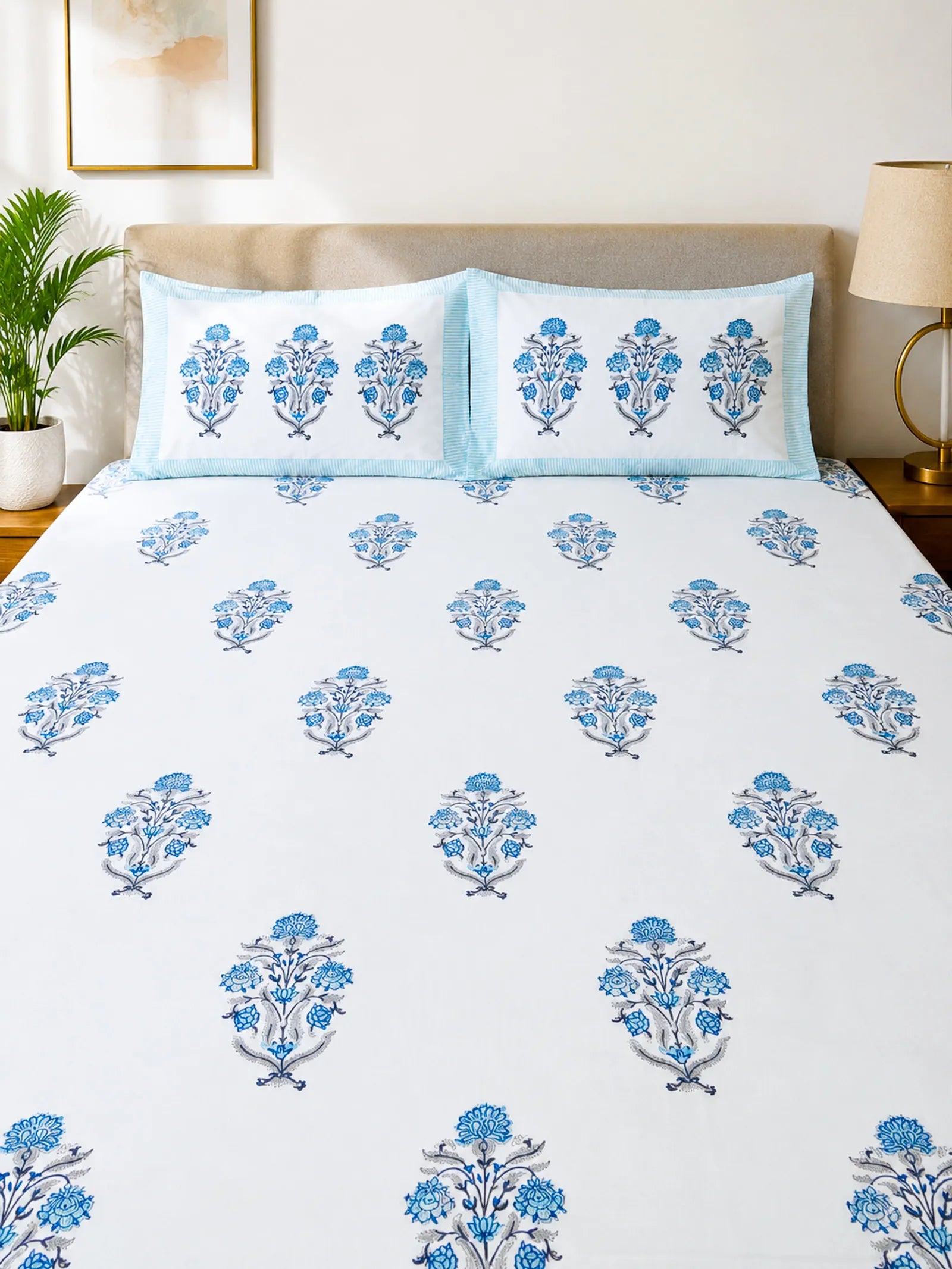Blue Boota Floral Handblock Printed Premium Cotton Bedsheet Set image 1