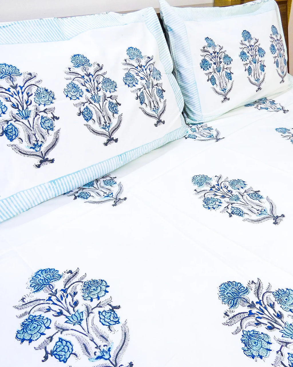 Blue Boota Floral Handblock Printed Premium Cotton Bedsheet Set image 4